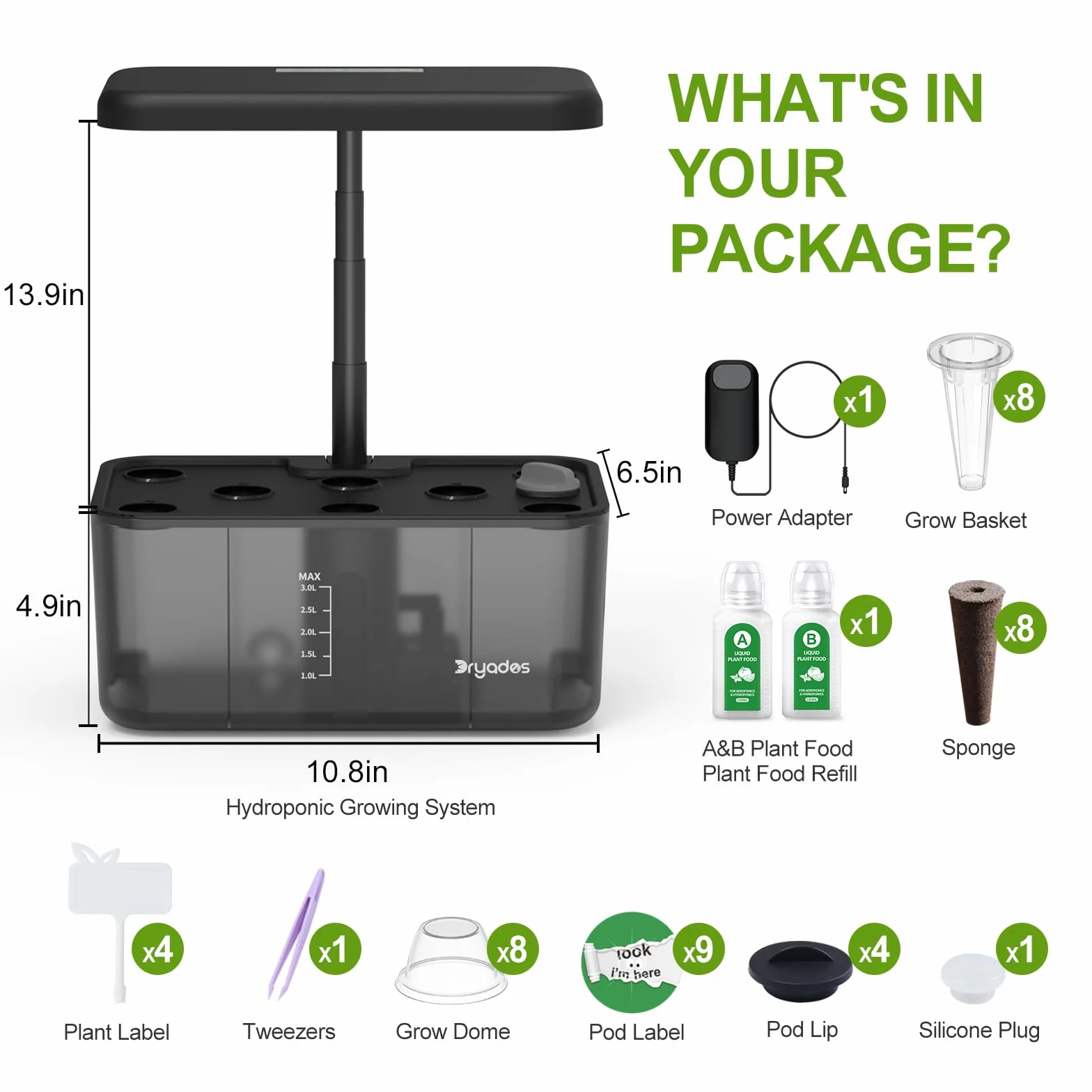 Kit de système de culture hydroponique DRYADES 8 bacs avec lampe de croissance LED spectre complet 24W, jardin d'intérieur