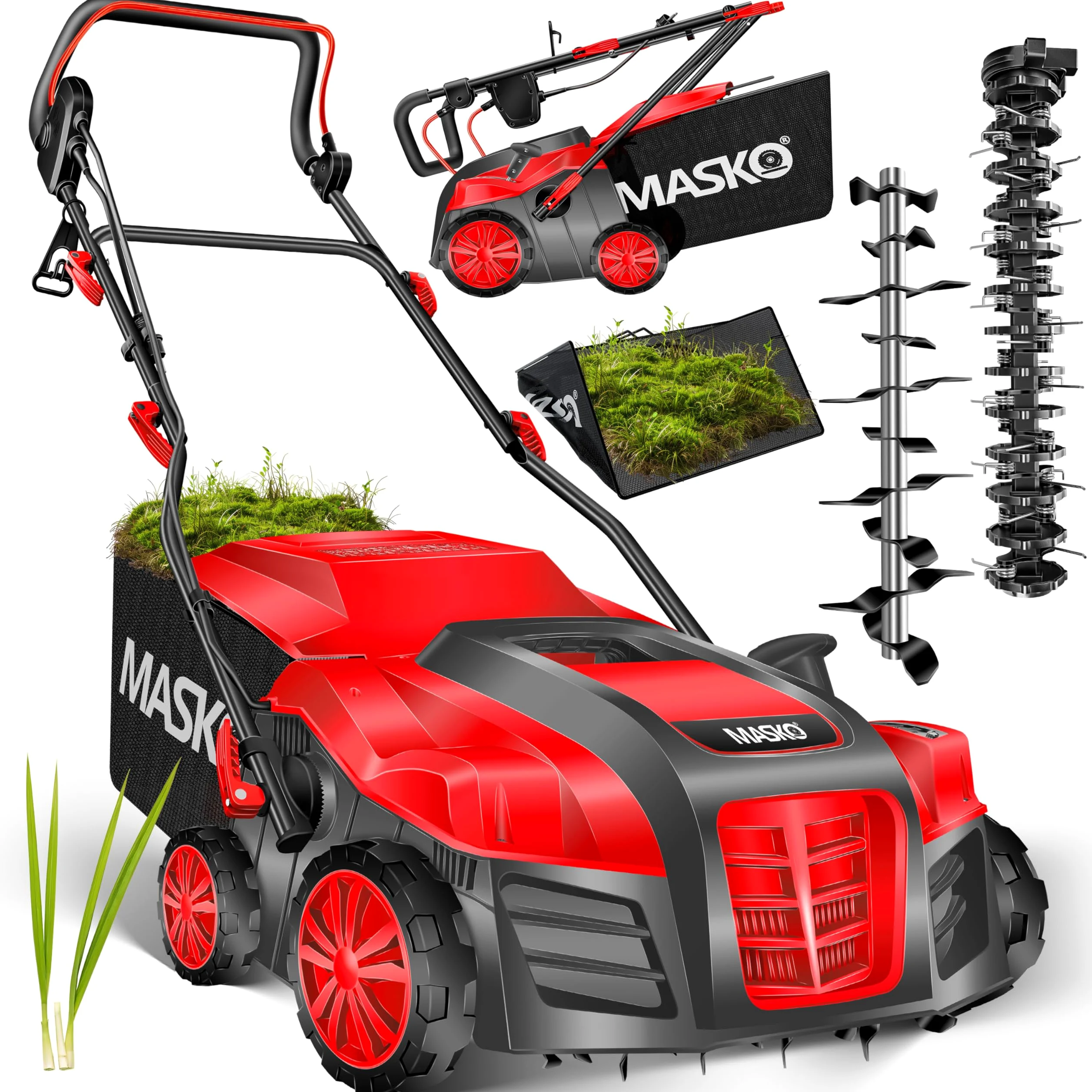 MASKO® Scarificateur électrique 2 en 1 Aérateur de gazon 1 800 watts largeur de travail 40 cm bac de ramassage 55 L incluant rouleau de ventilation aérateur démousseur, profondeur de travail, rouge