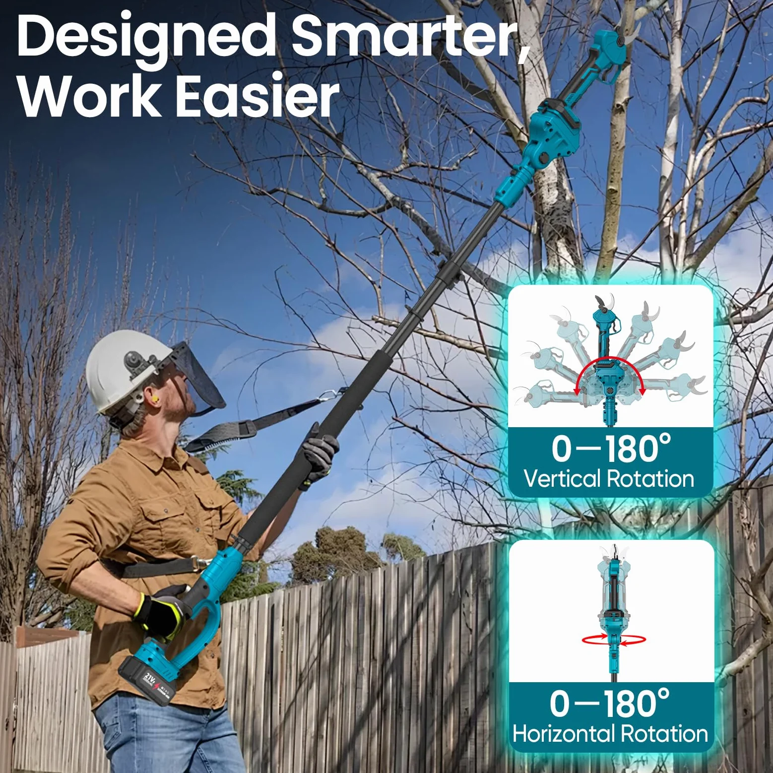Sécateur Électrique Sans Fil avec Perche, 40MM Sécateur Électrique Télescopique avec 2 x 4,0Ah Batteries, Portée Maximale 1,6-2,8M, Moteur Brushless 1000W, Sécateur à Batterie pour Jardinage/Arbres