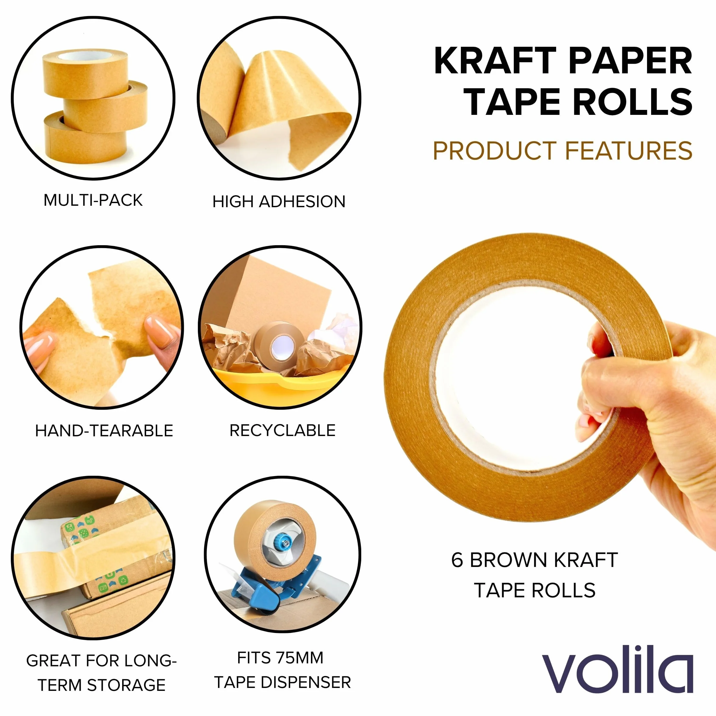 Volila Ruban Adhésif Kraft 48mm x 50m 6 Rouleaux Papier Brun Résistant pour Colis et Cadrage