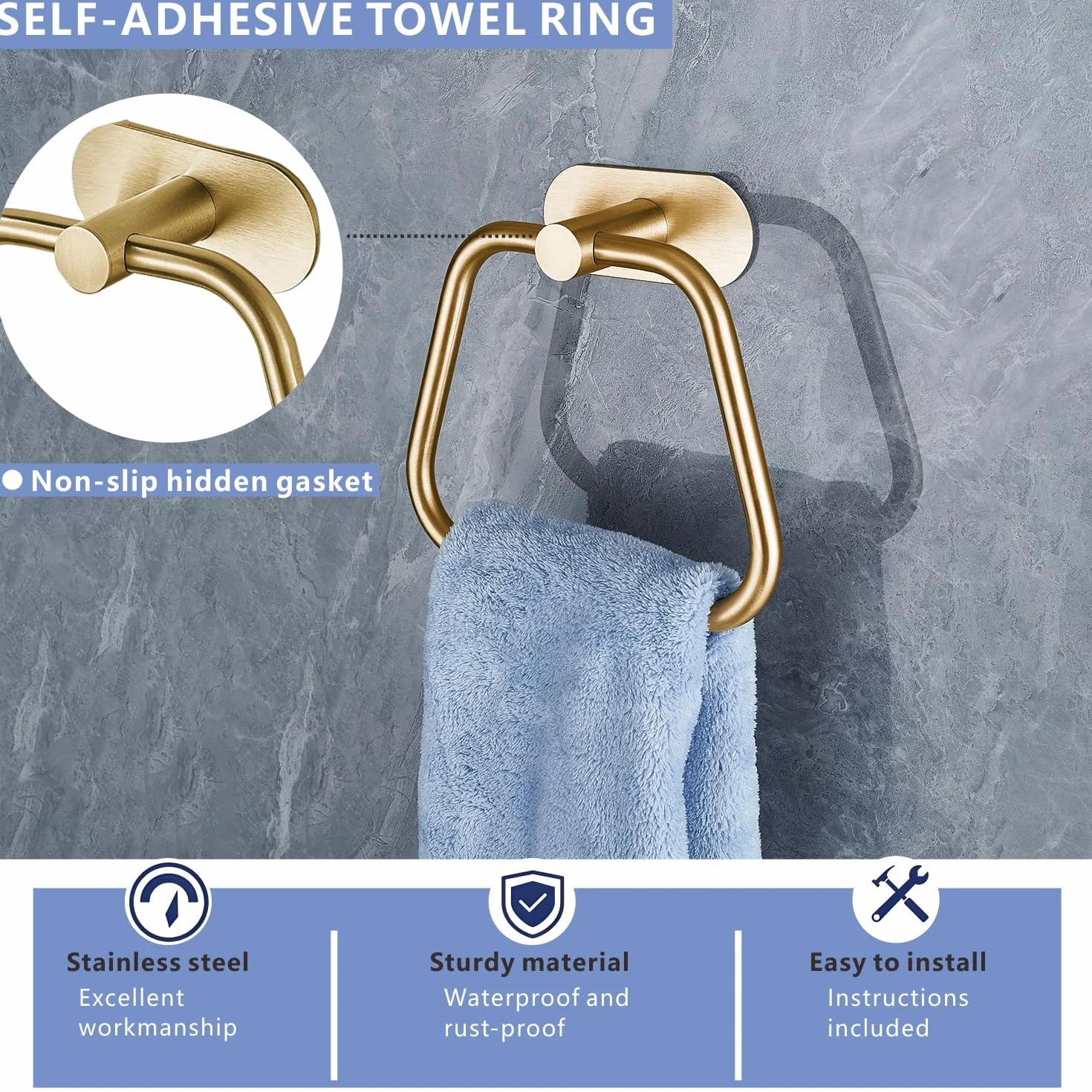 Anneau Porte-Serviette Autocollant en Acier Inoxydable 304 pour Salle de Bain et Cuisine, Trapézoïdal Or