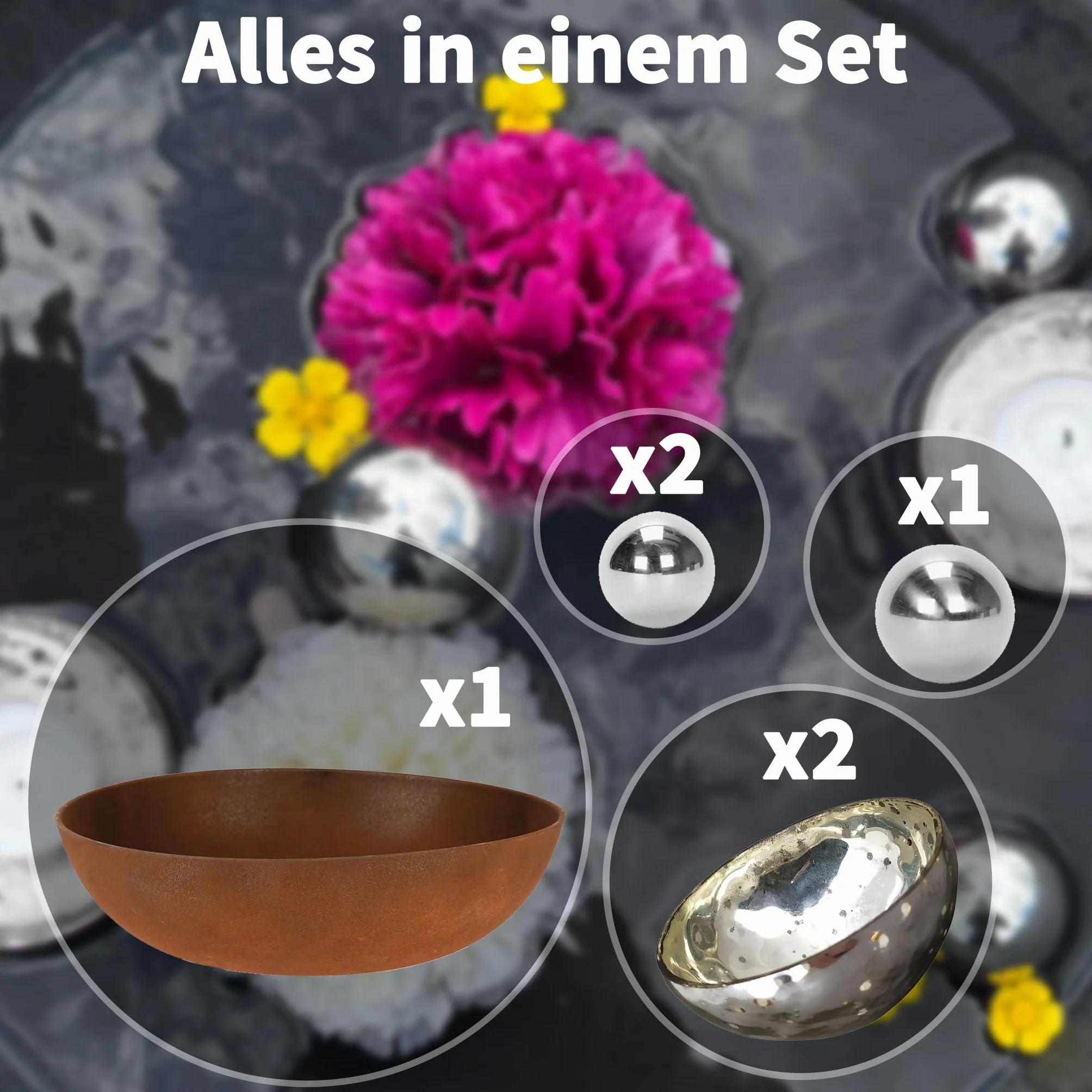 matches21 HOME & HOBBY Mini étang complet avec pot de fleurs bombé rouillé Ø 37 cm avec boules flottantes et photophores argentés