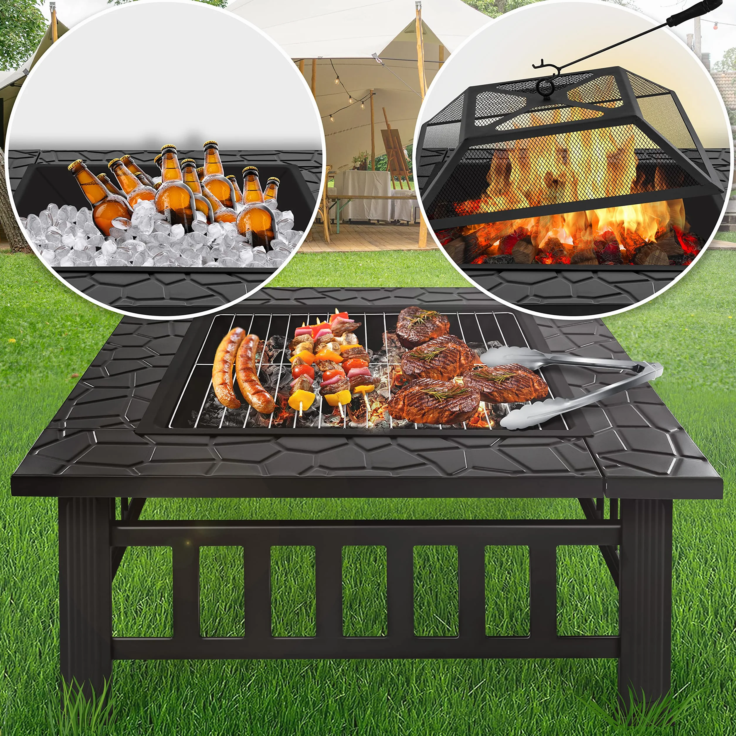 KESSER® 3 en 1 Foyer Multifonction avec Grille et Pince à Grillade, Brasero en Métal pour Jardin Terrasse