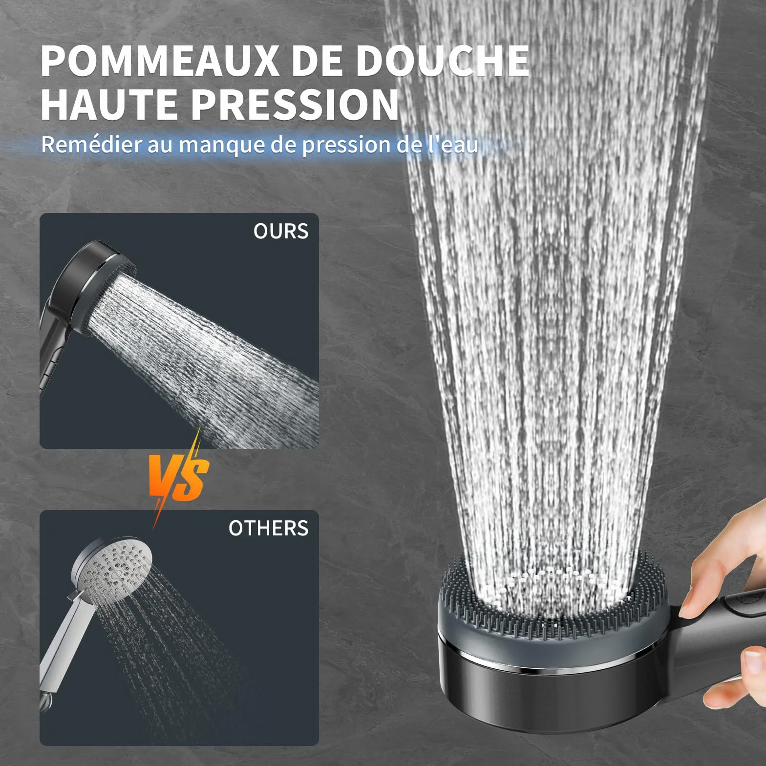 Pommeau Douche Haute Pression Anti Calcaire avec Filtre 15 Étapes Tuyau 1,5M Support 4 Jets Gris