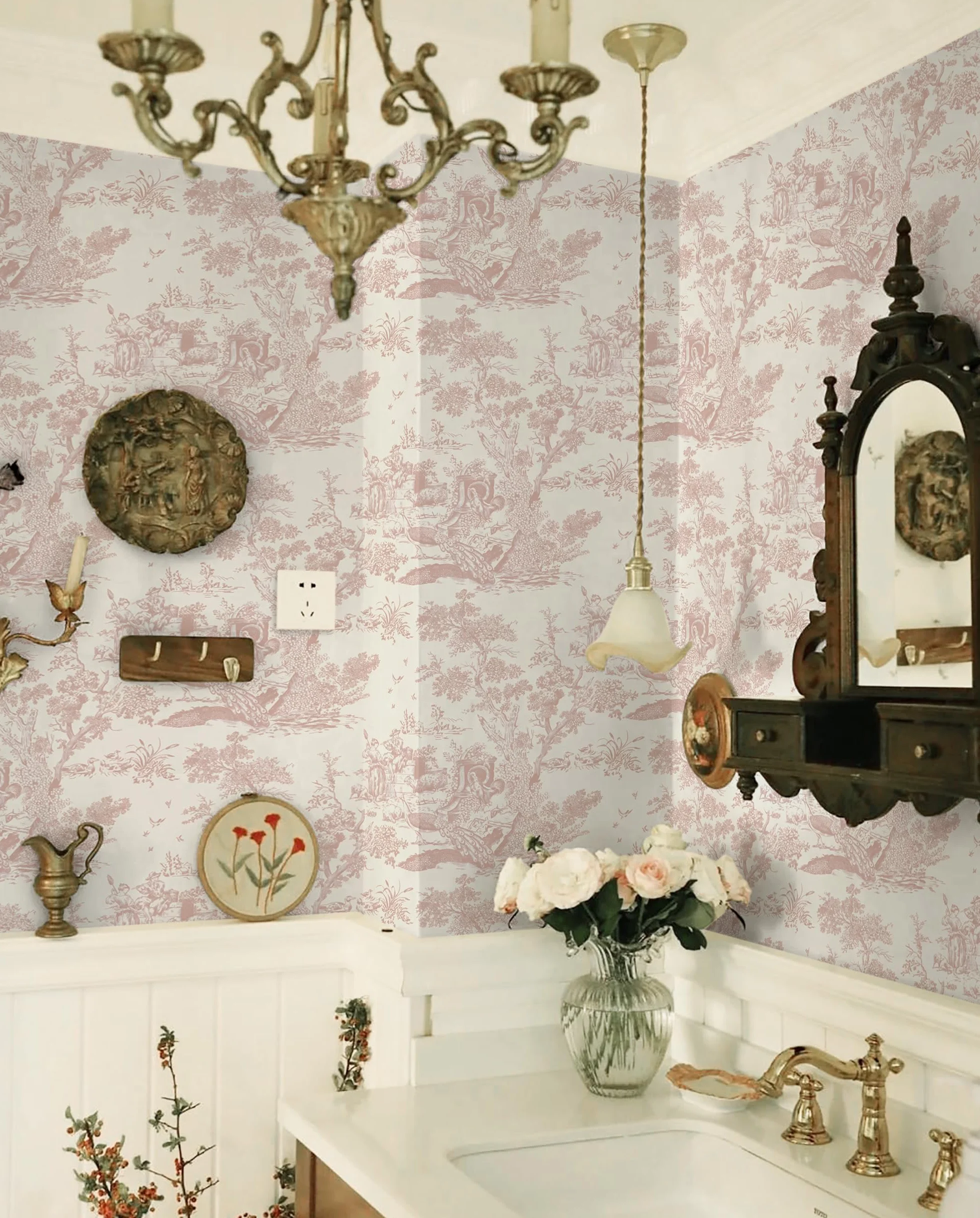 Papier Peint Autocollant Vintage 41 x 300 cm Vinyle Arbre Animaux Imperméable Rose Chambre