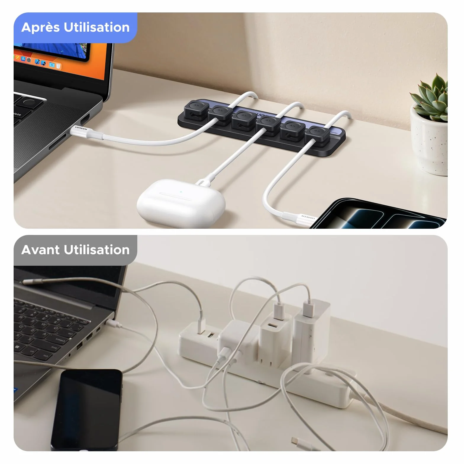 UGREEEN 6 Pièces Organisateur de Câble Magnétique Clips Autocollants Noir