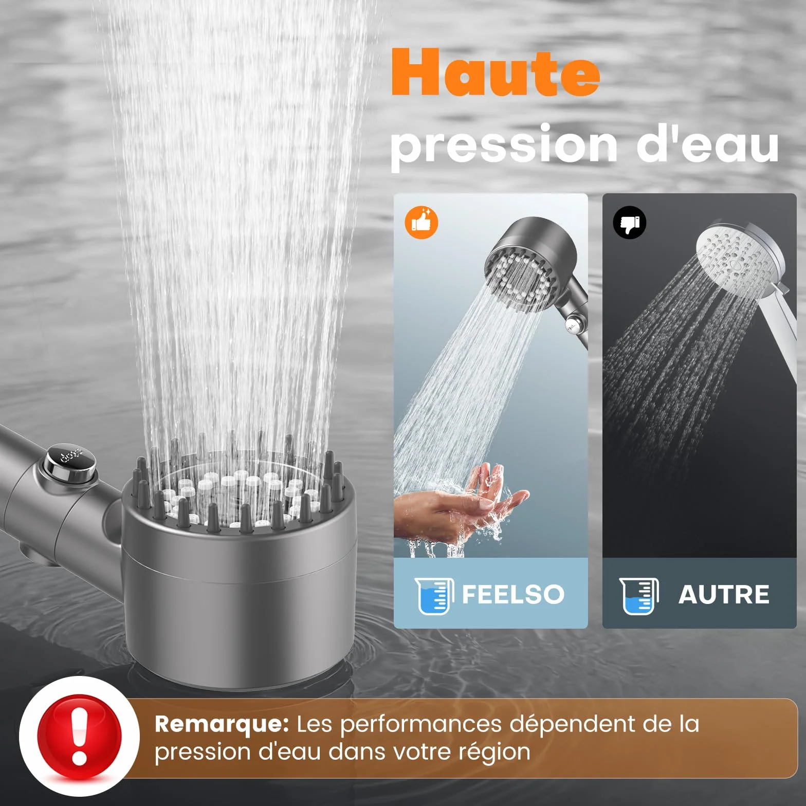 FEELSO Pommeau de Douche Anti Calcaire avec Filtre 15 Couches, 3+1 Jets Haute Pression, Stop Eau, Économie d'Eau (Gris)