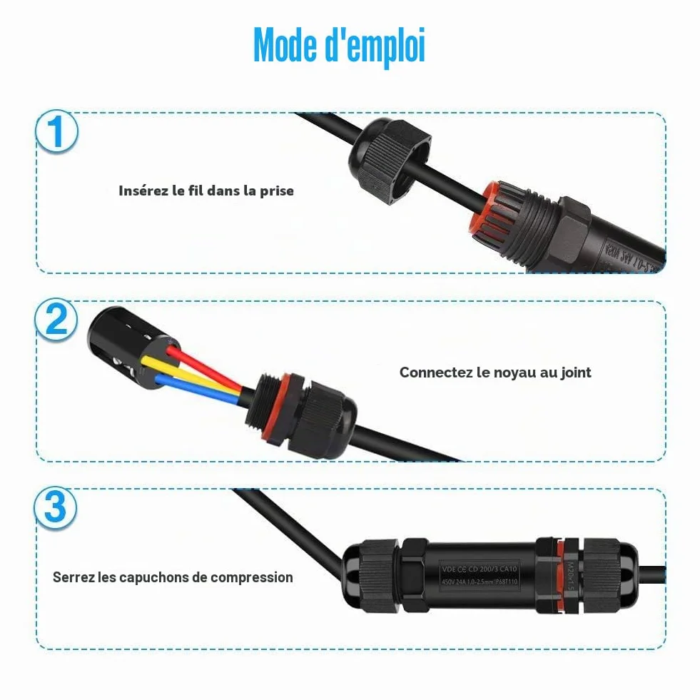 Raccord Électrique Étanche IP68 Polycarbonate Connecteur Câble Boîte Dérivation Extérieur 3 Fils Domino Jonction Ø 1-13 mm 4 Pièces