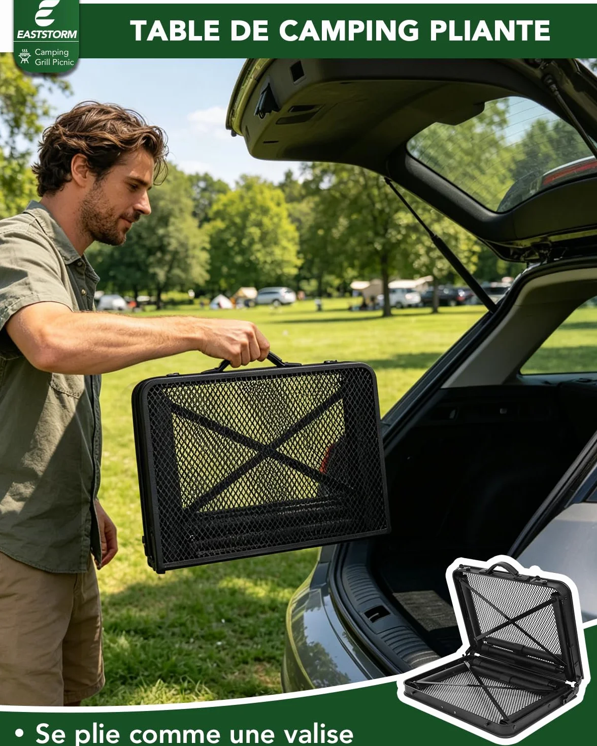 EASTSTORM Table de Camping Pliante 60×40cm, 2 Réglages de Hauteur, Grille Métallique pour Intérieur/Extérieur