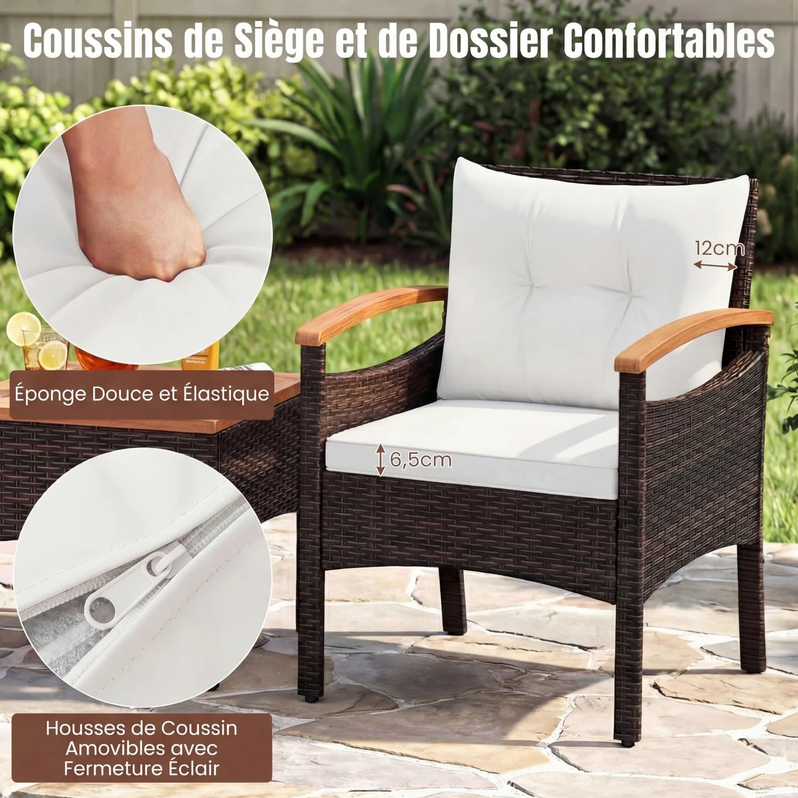 COSTWAY Salon de Jardin Exterieur 3 Pièces en Rotin PE, Ensemble de Meubles 2 Fauteuils Table Basse Plateau en Bois d'Acacia avec Coussin Amovible, pour Jardin Balcon Piscine (Beige)