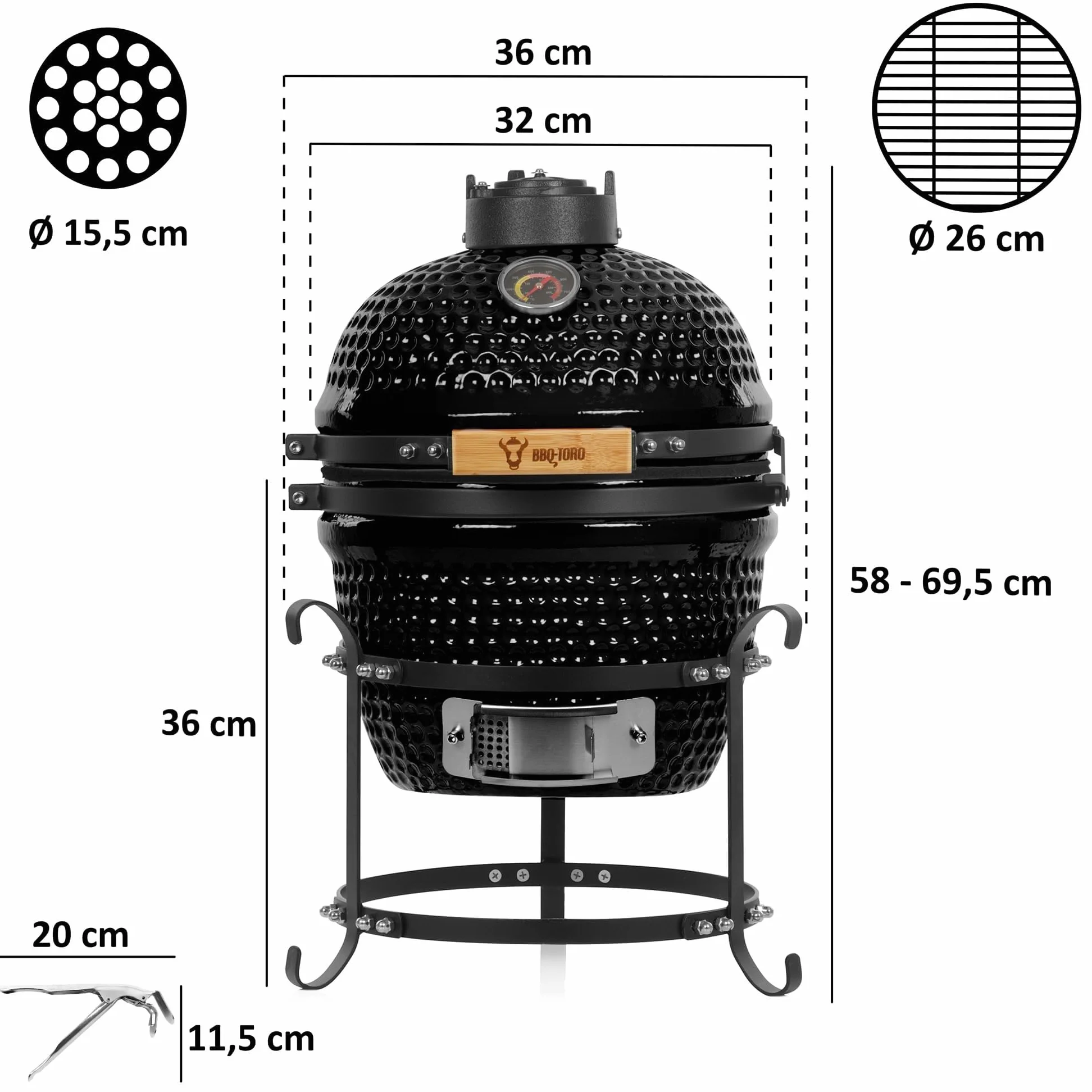 BBQ-Toro Ceramic Kamado BBQ Ø 32 cm avec thermomètre, poignée en bois