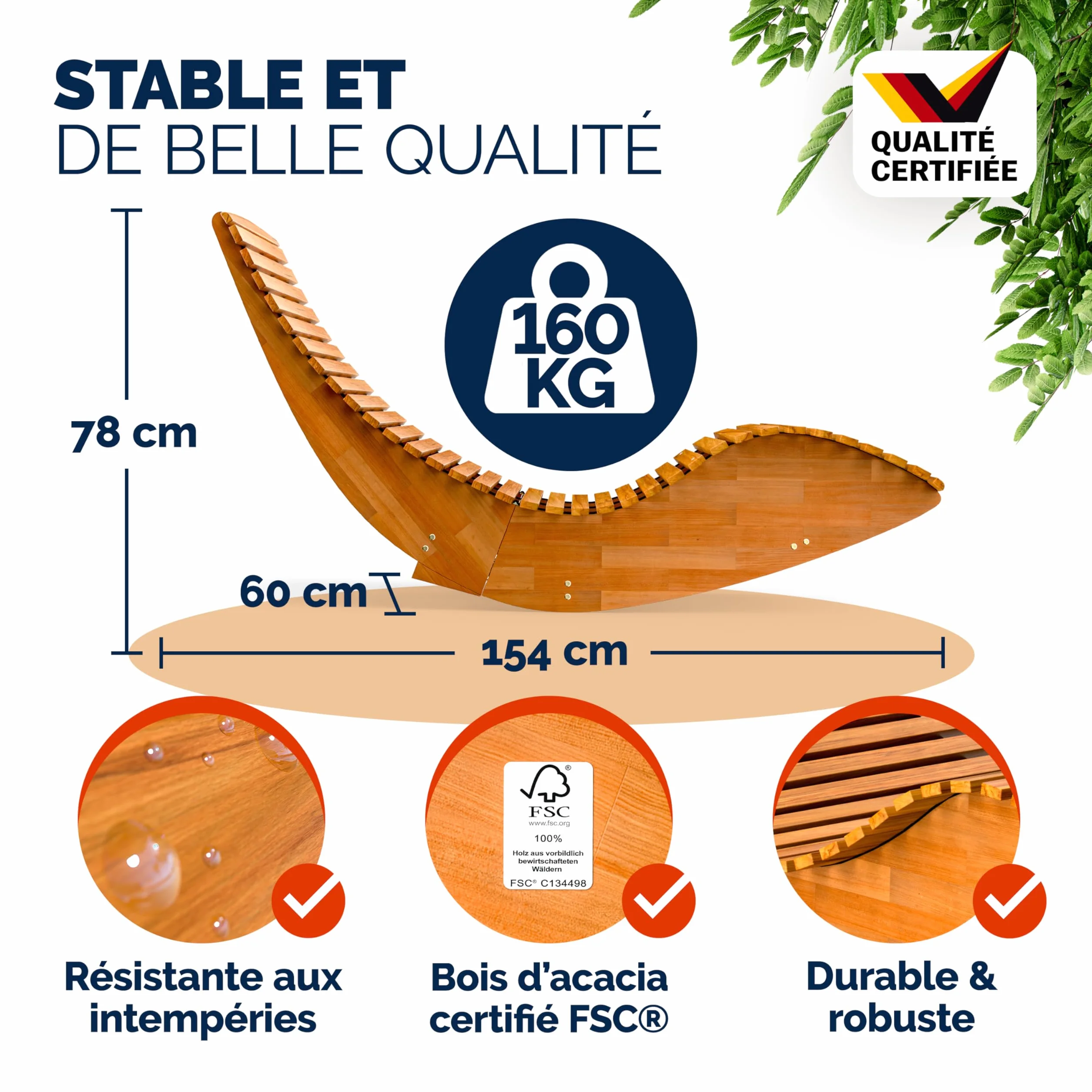 Casaria Chaise Longue à Bascule Pliable en Bois d'Acacia Certifié FSC Transat Ergonomique Jardin