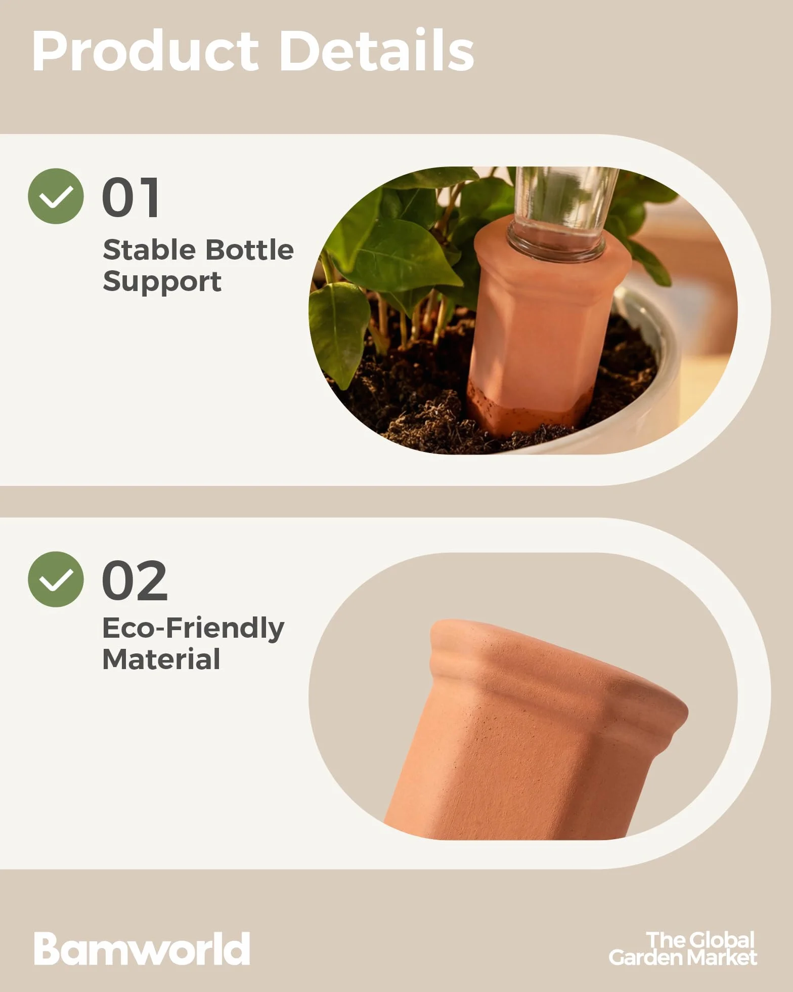 Bamworld Ollas d'Arrosage 6 Pièces Cônes d'Irrigation en Terre Cuite, Système Autonome Goutte à Goutte pour Plantes, Arrosage Automatique pour Vacances Jardin Intérieur et Extérieur