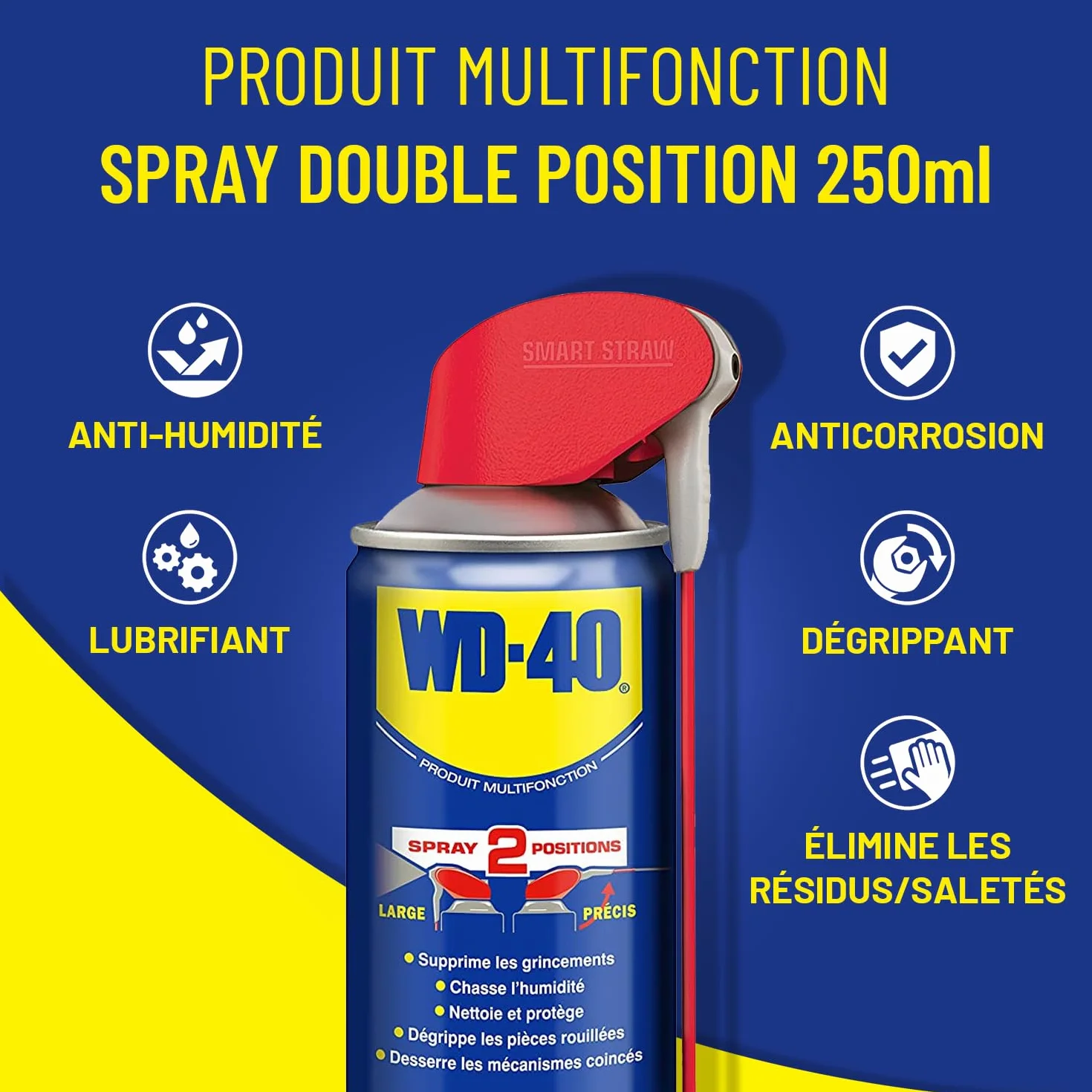 WD-40 Spray Multifonction Double Position 200 ML, sans silicone, non conducteur
