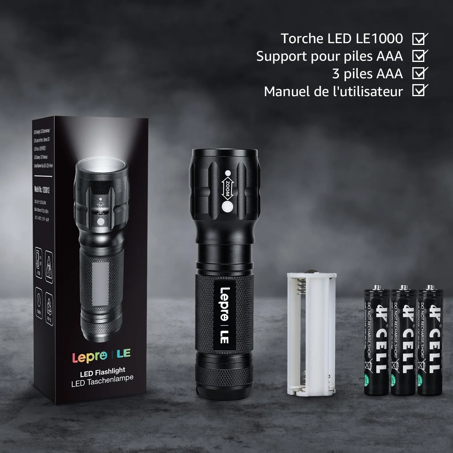 Lepro Lampe Torche L8000 Puissante LED Militaire Zoomable Étanche IPX4 Aluminium Camping Randonnée