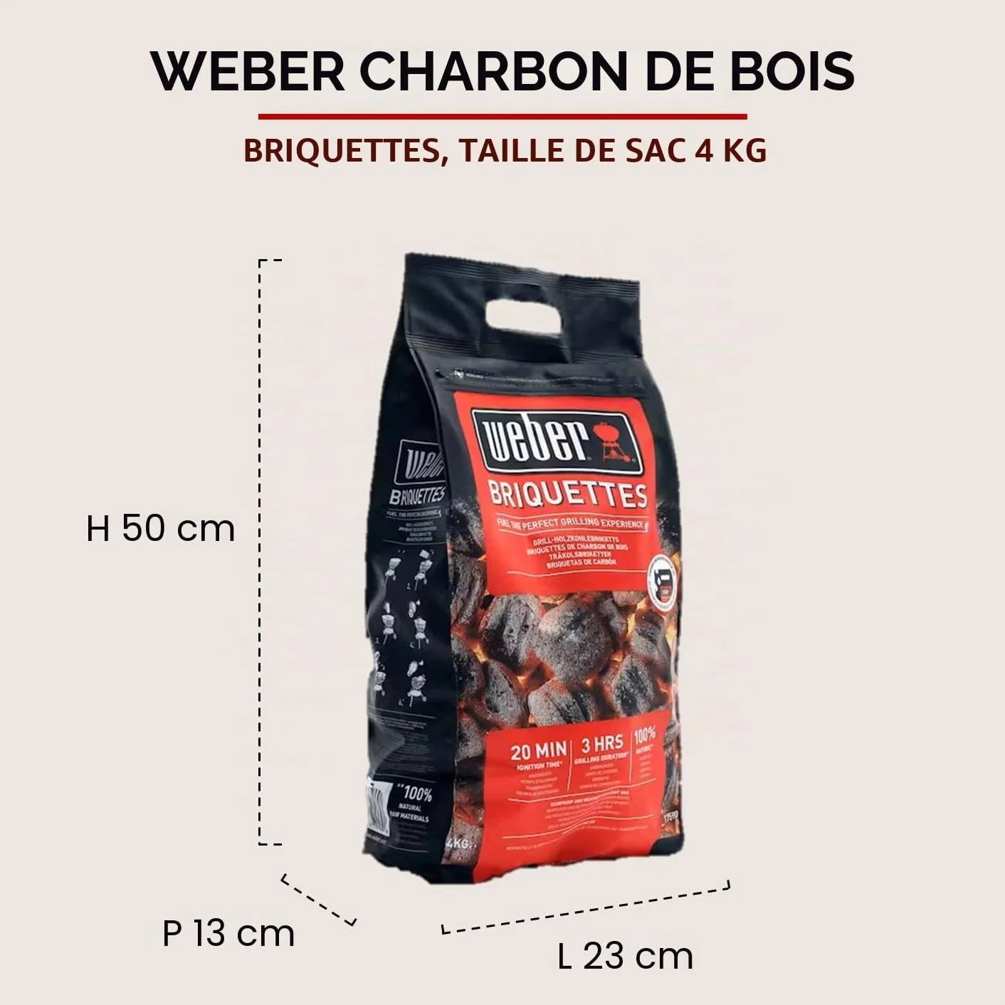 Weber Briquettes de Charbon de Bois Naturel pour Barbecue, Allumage Rapide 20 Min, Longue Combustion 3 Heures, 4 kg