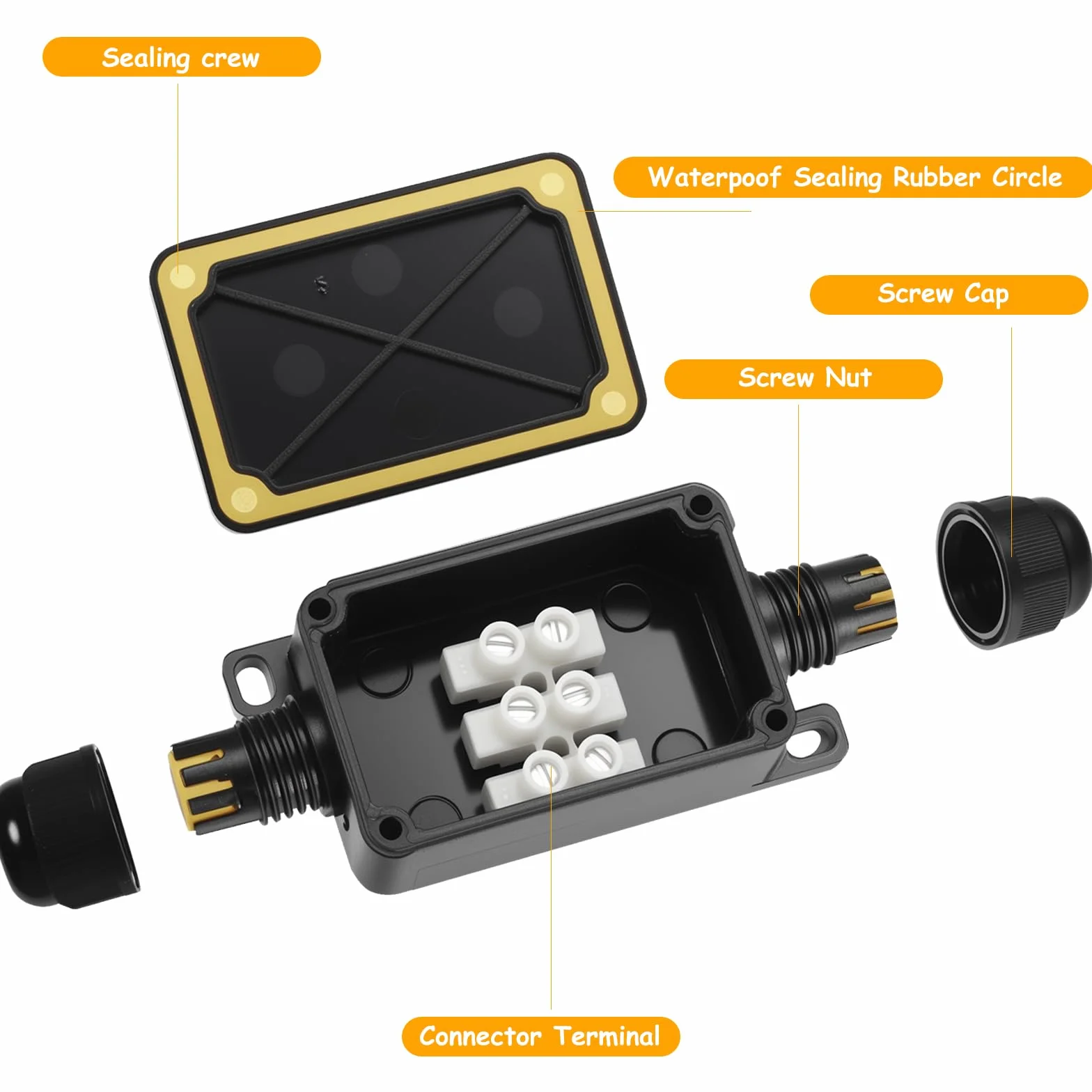 Boite de Derivation Etanche IP66 2 Voies, Boîtier de Raccordement pour Câbles 3-6,5 mm, Noir