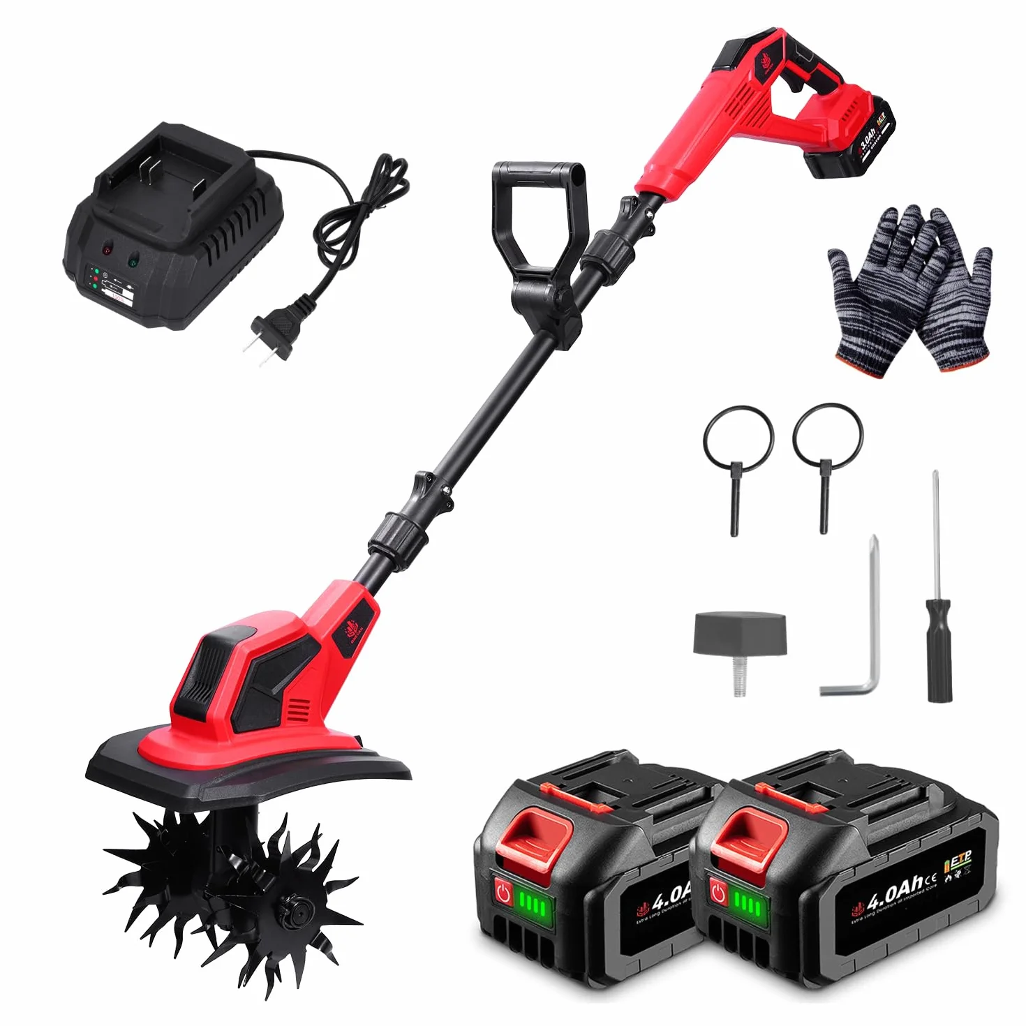 Motobineuse Electrique - 550W Motoculteur électrique sans Balais, Largeur 17 cm, Profondeur 24 cm, Motobineuse sans Fil avec Poignée Réglable, avec 2 Batteries de 4,0 Ah, pour Jardinage et Cultivate