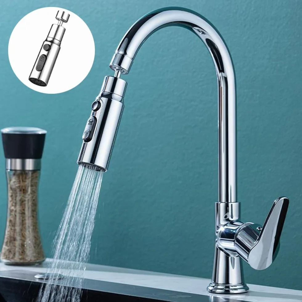 Tête de Pulvérisation de Robinet de Cuisine 3 Modes Brise Jet Embout avec Aérateur Douchette Évier 360 Degrés Argent