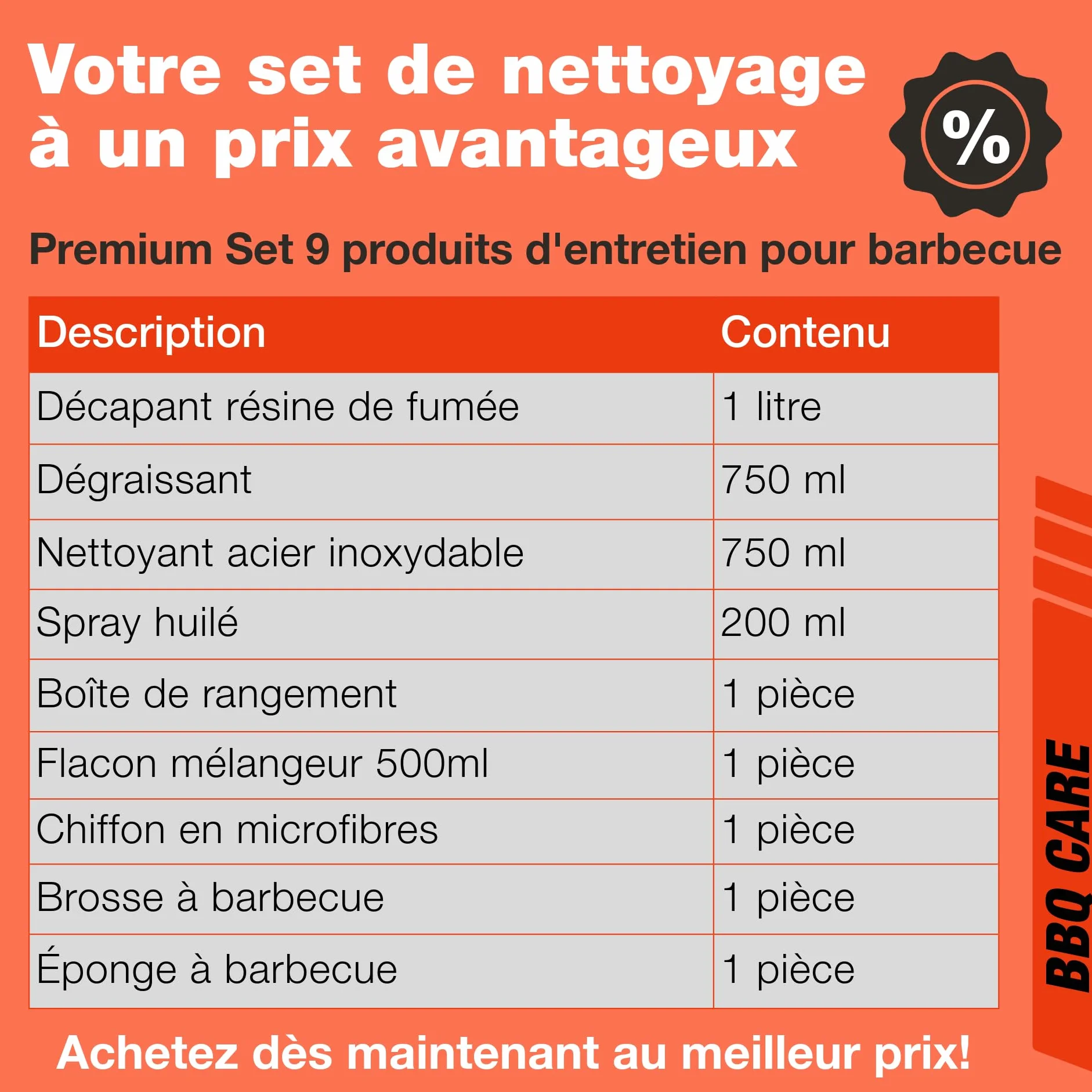 Kit nettoyage barbecue 9 pcs - Décapant résine 0,5L - Nettoyant surfaces bbq 750ml - Produit entretien acier inox 750ml - Spray d’huile 200ml