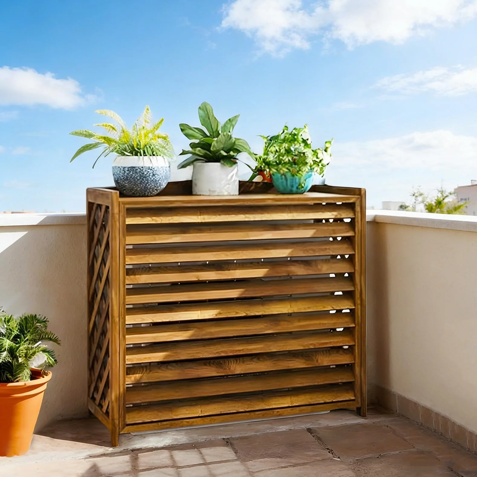 Cache Climatiseur Extérieur Bois Marron Anti-Corrosion 100x44x93cm pour Jardin Balcon