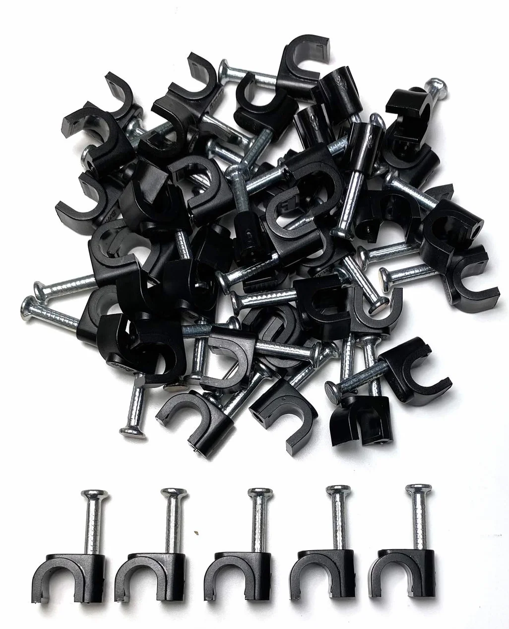Serre-câbles ronds noirs type K 6 mm, lot de 100 avec fixation pour clous