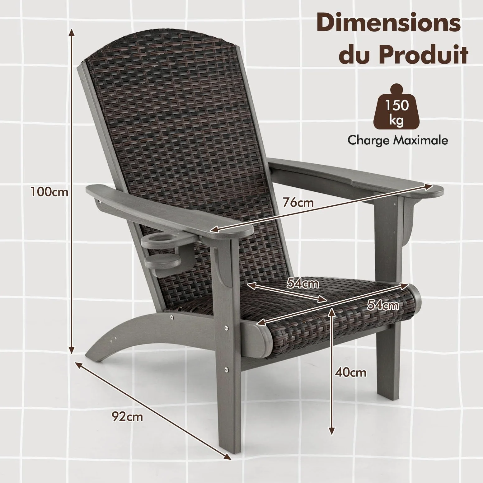 COSTWAY Fauteuil Jardin Exterieur, Chaise Adirondack en HDPE, Porte-Gobelet Rotatif, Siège et Dossier Rembourrés en Rotin, Chaise Longue pour Jardin Porche, 92 x 76 x 100 cm, Charge 150 kg (Gris)