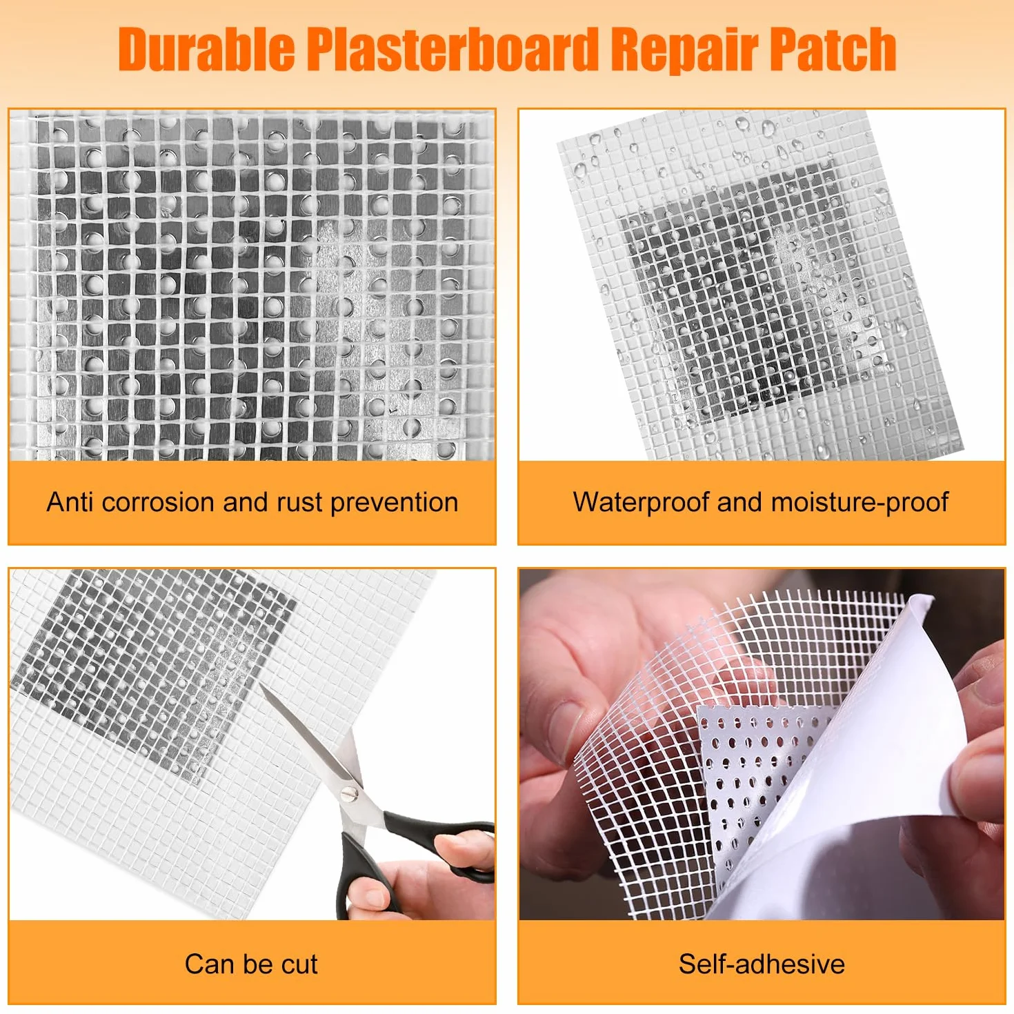Lot de 12 feuilles de patch de réparation murale en aluminium autocollant avec 2 papiers abrasifs et 2 grattoirs