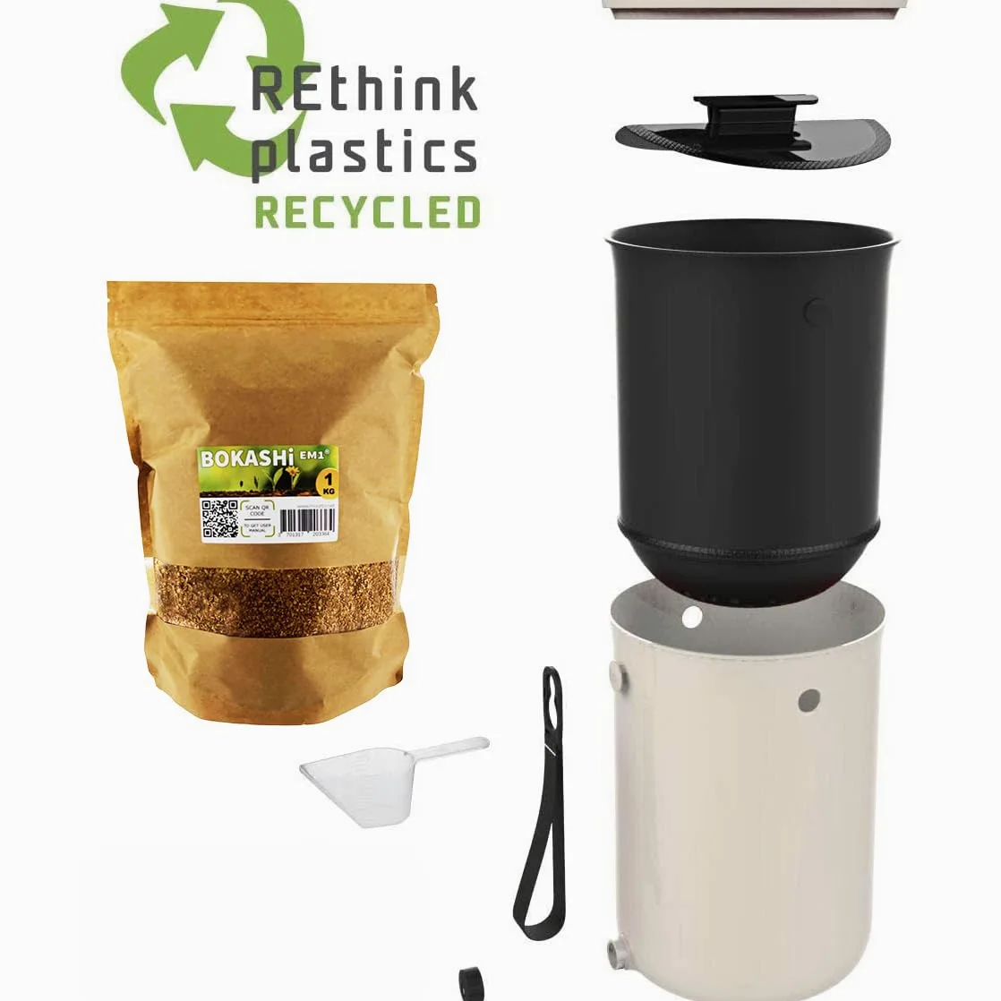 Lot de 2 seaux Bokashi Organko 2 Blanc (9,6L) | Composteur Organique avec compacteur + 1 kg d'Activateur EM-1 de Fermentation fabriqué en France