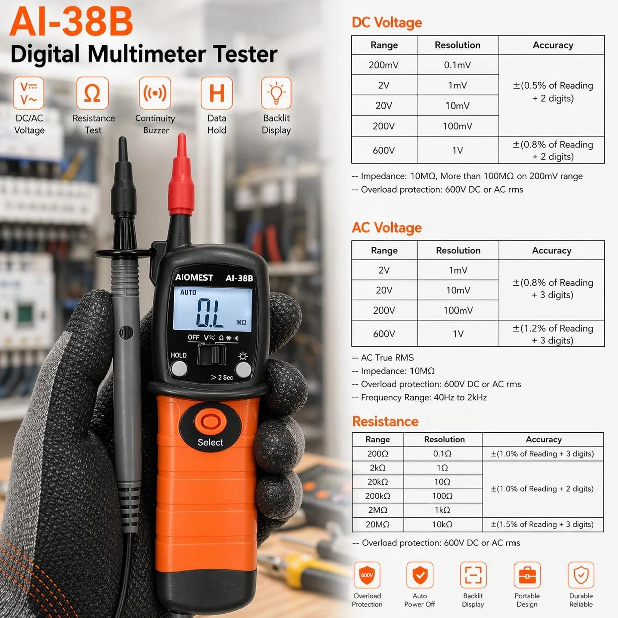 AIOMEST Multimètre Stylo VAT Testeur Électrique AI-38B AC/DC 600V Résistance 20MΩ Test Continuité Diode