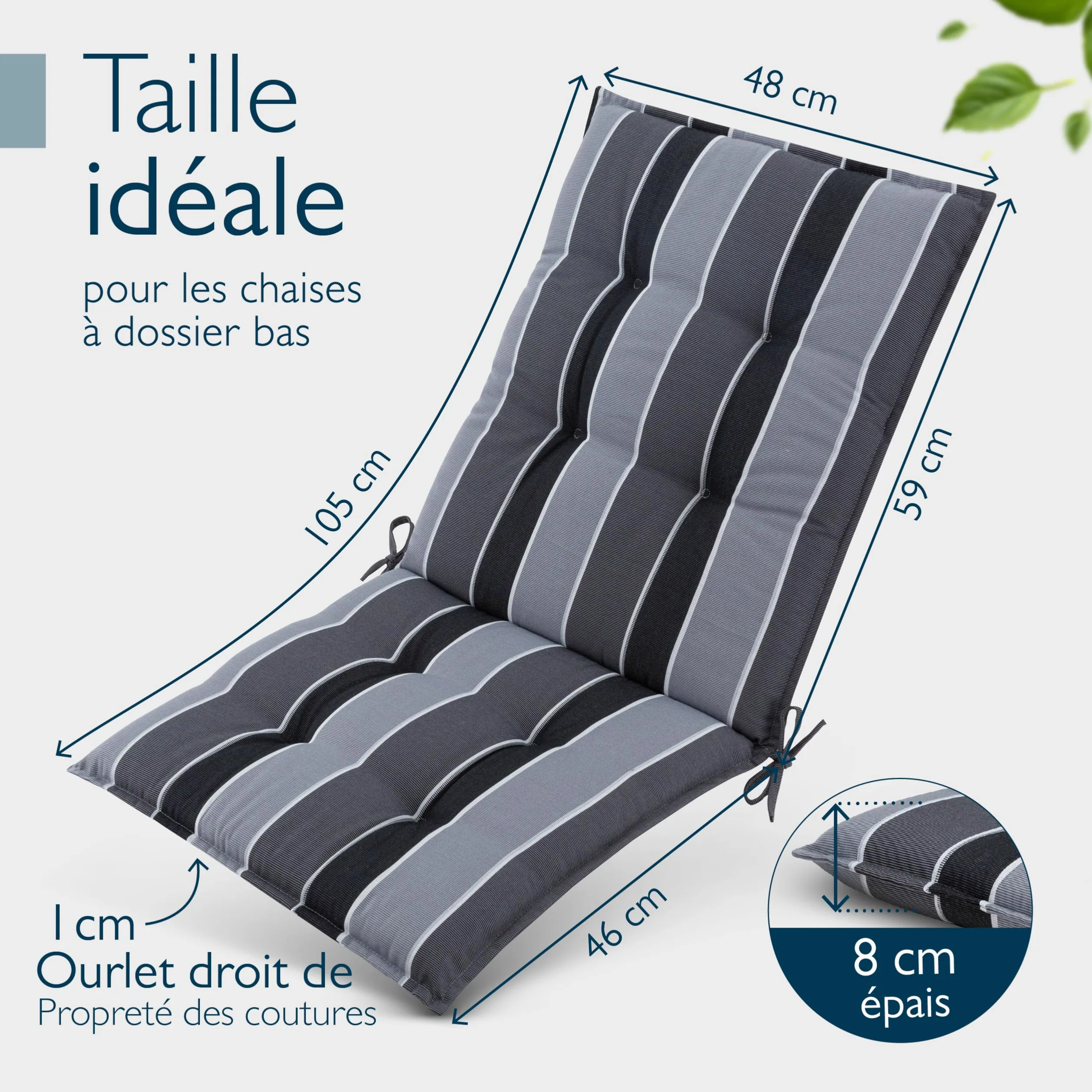Beautissu 8X Premium Coussin Chaise Jardin Dossier Bas 100x50 cm Sun-NL – 8 cm Épaisseur Tissu Robuste Antidérapant & Résistance aux UV – Coussin Fauteuil avec Sangles Fixation Anthracite Rayé