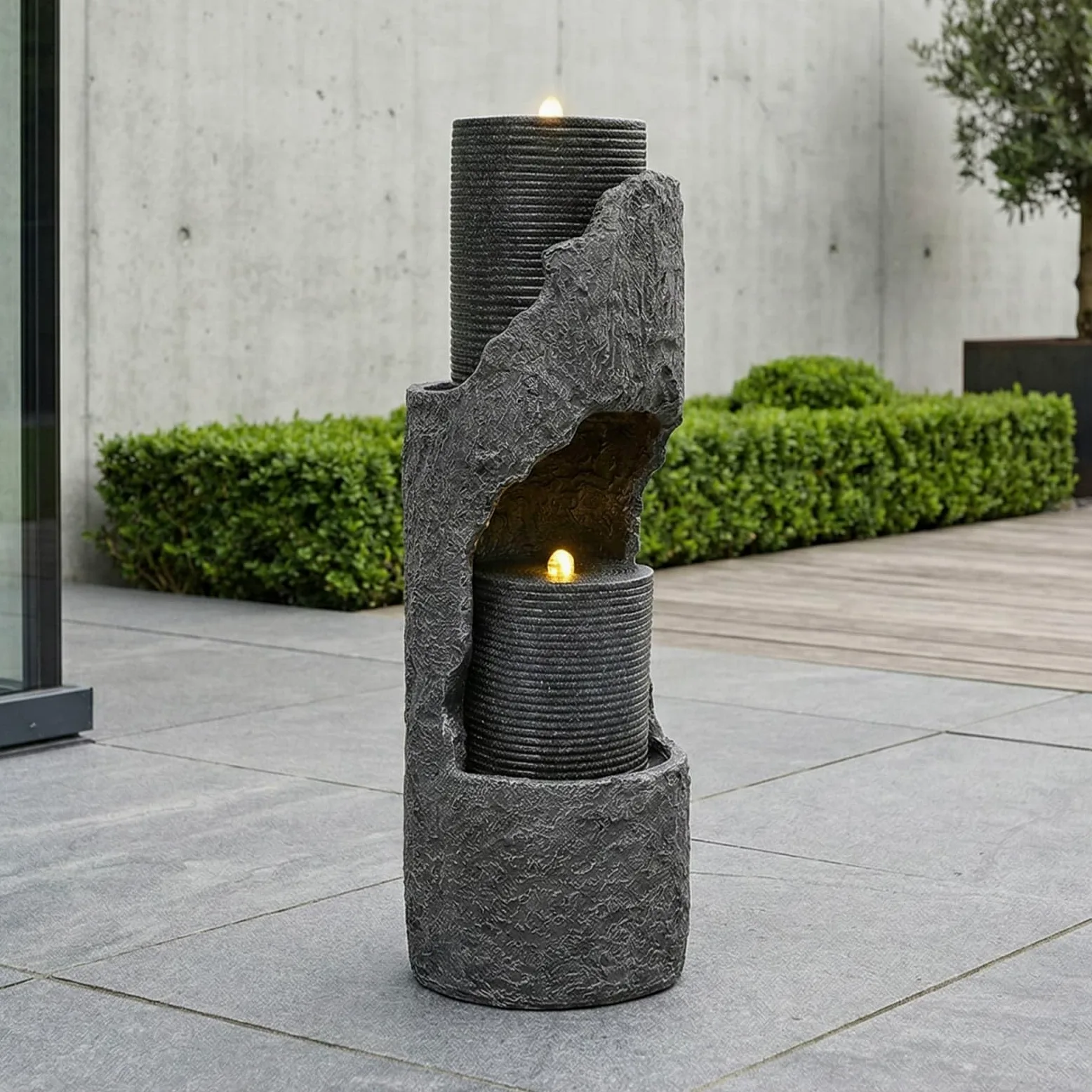 KOMHTOM Fontaine de Jardin avec Pompe à Eau, Enveloppe en Pierre Artificielle, Fontaine d'intérieur pour Jardins et Terrasses (Gris-D)
