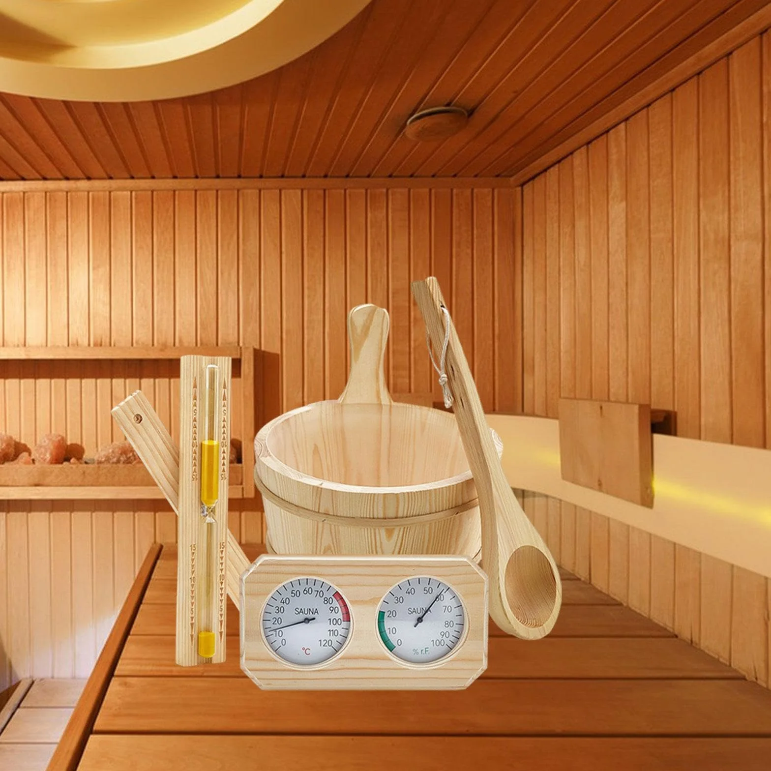 MagiDeal Kit Accessoires Sauna, Seau 4 L avec Poignée, Thermomètre Hygromètre, Louche, Sablier, Bois de Pin