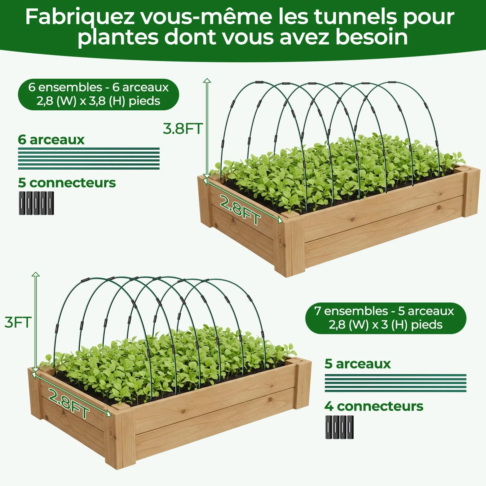 MYMULIKE Lot de 60 Tunnels de Culture pour Carrés Potagers, Arceaux de Tunnel de Plantes, Kit de 12 Arceaux de Jardin en Fibre de Verre, Arceaux de Serre pour Légumes, Fleurs et Fruits
