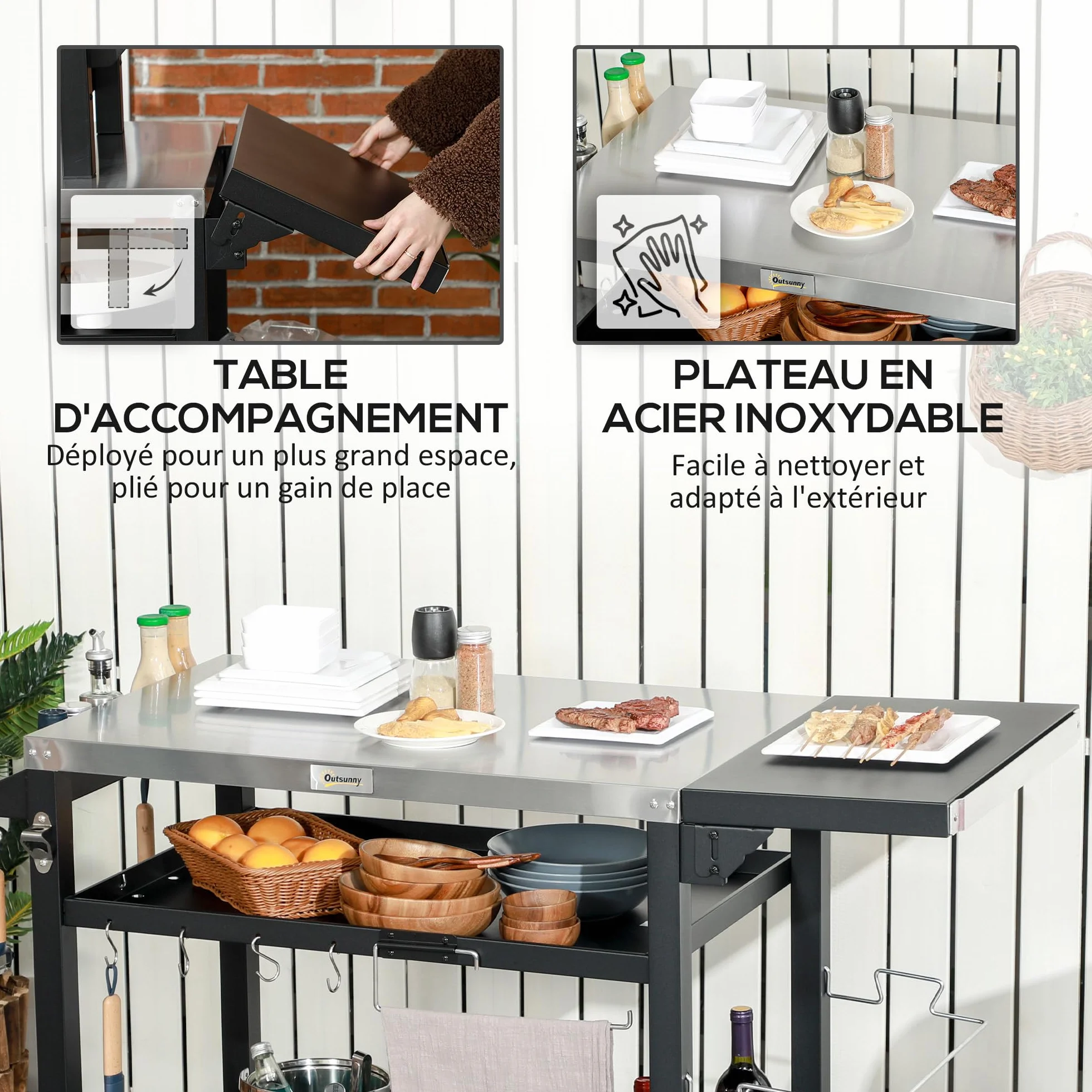 Outsunny Chariot Desserte Barbecue Plancha INOX 3 Étages 6 Crochets Tablette Rabattable 2 Roulettes