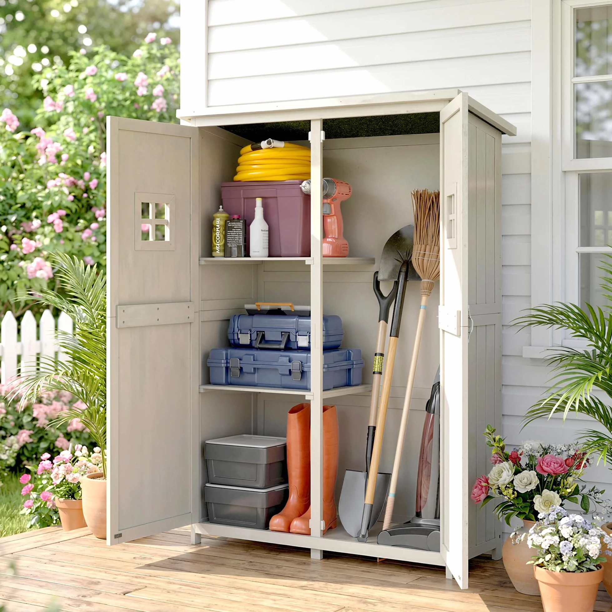 Outsunny Abri de Jardin en Bois Armoire de Jardin 127,5L x 50l x 164H cm 2 étagères 2 Portes Toit bitumé étanche Bois Massif Sapin Gris