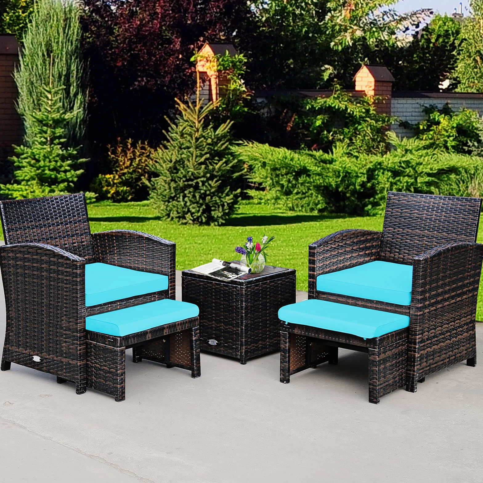 GIANTEX Lot de 2 Tabourets en Rotin de Jardin, Repose-Pieds pour Chaises Longues avec Coussin Imperméable Amovible, Poufs pour Siège de Jardin, Patio, Terrasse, 49 x 40 x 33 CM (Turquoise)
