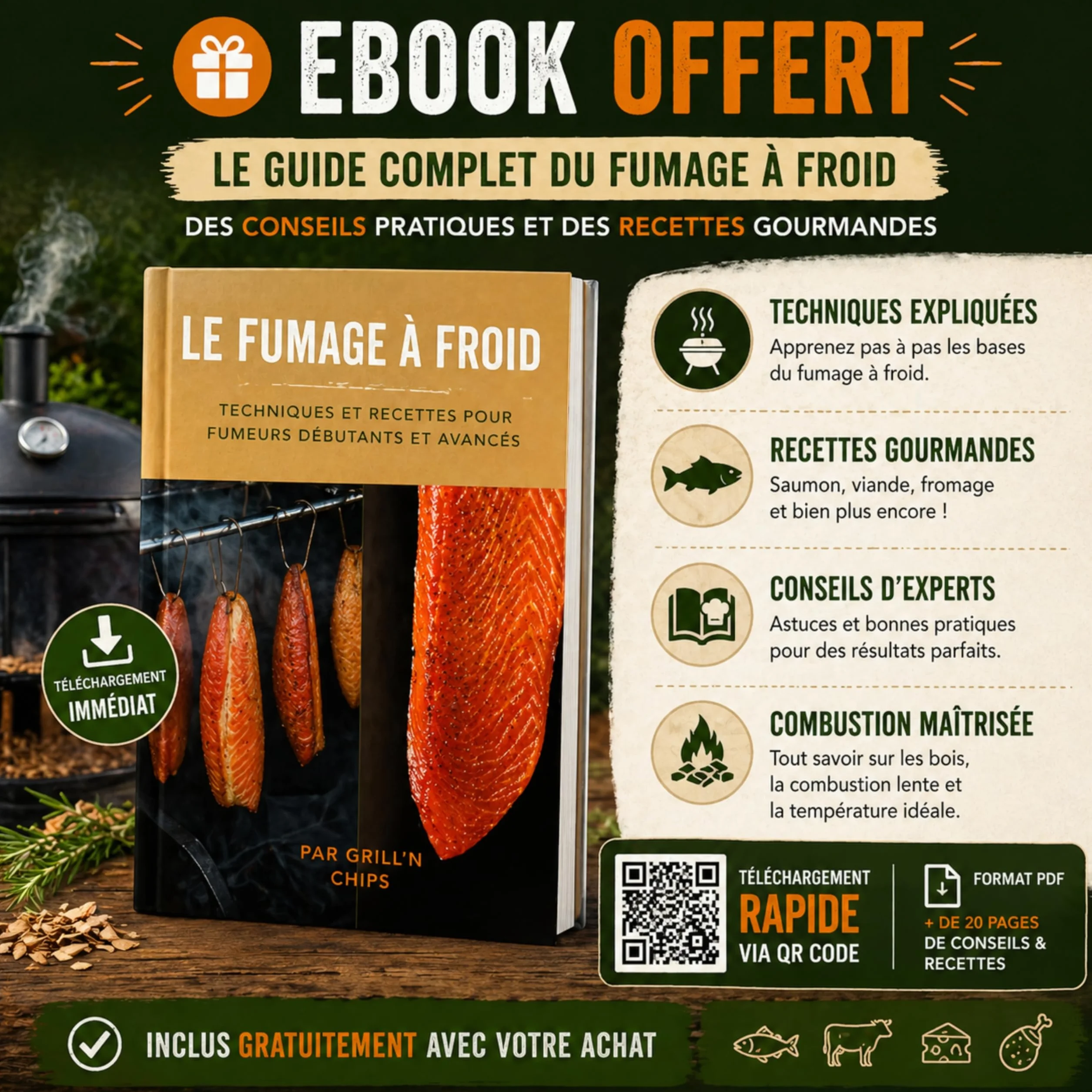 Générateur/Serpentin de Fumée Froide pour Fumoir Viande et Poisson + 1.2kg de Sciure de bois de hêtre + 4 crochets et 1 Brosse de nettoyage - Guide Numérique PDF à Télécharger (Offert)