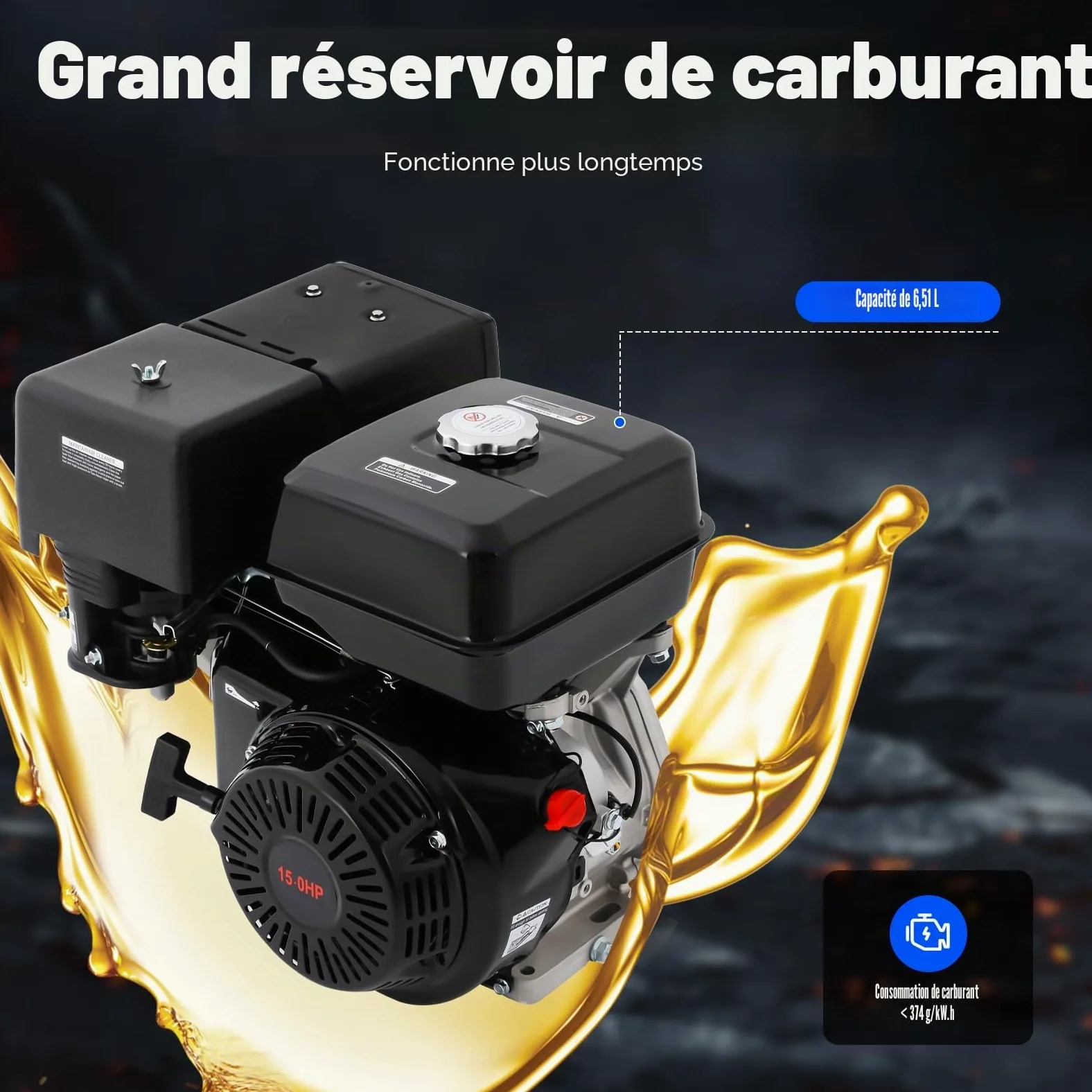 Moteur à essence 4 temps 15 CV 420 CC - Moteur sur pied - Moteur industriel - Refroidissement par air OHV - Arbre de 25 mm - 3600 tr/min - Avec fonction d'alarme d'huile - Pour karts, nettoyeurs haute