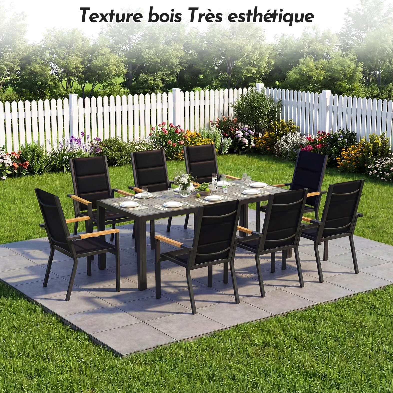 Devoko Salon de Jardin Exterieur 8 Personnes, HDPS Table de 189 cm et 8 Chaises Empilable d'Extérieur en Aluminium Durable, Design à Veine de Bois, Idéal pour Cour, Terrasse ou Bord de Piscine, Gris
