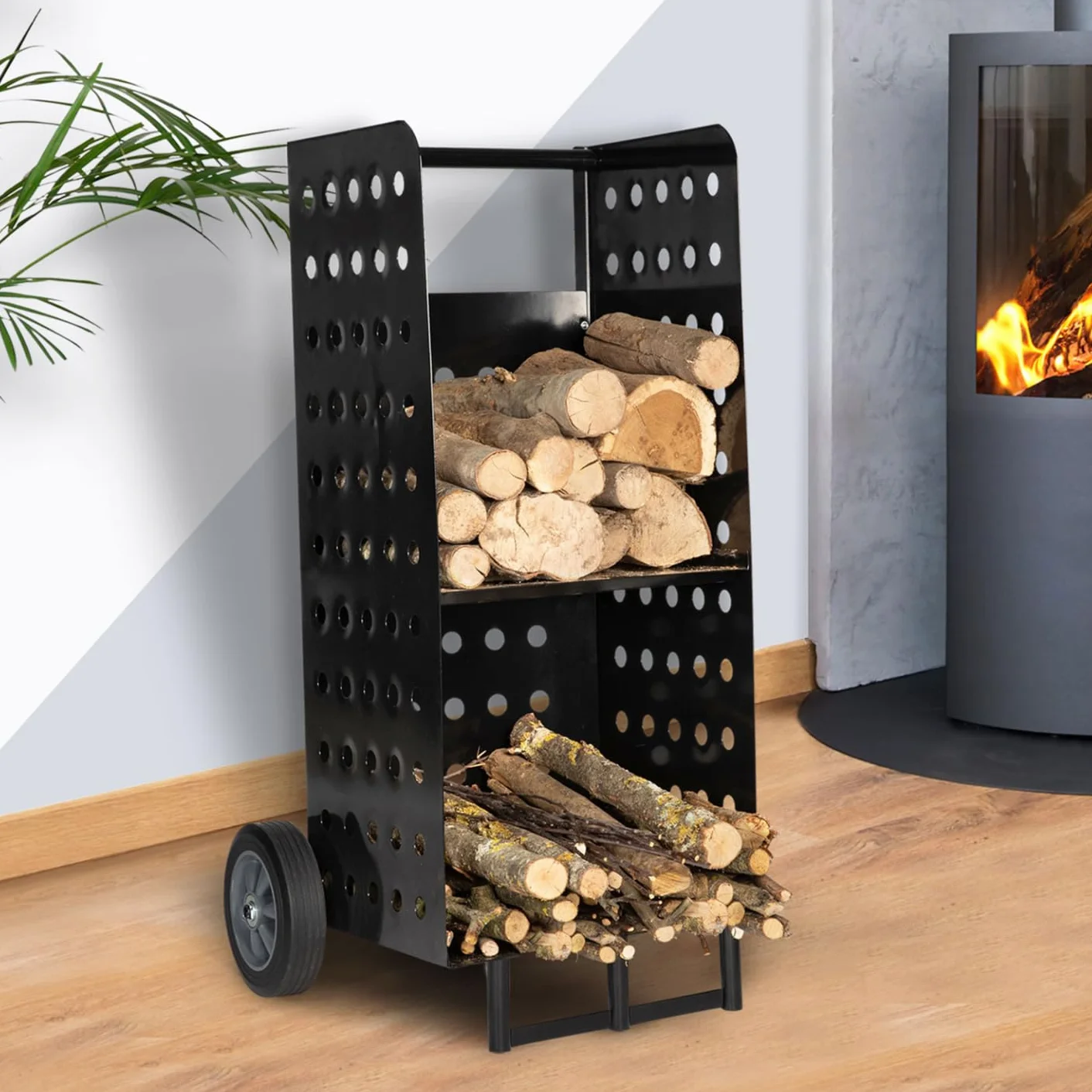 IDMarket - Chariot Porte bûches Acier Noir 40 x 40 x 100,5 CM pour cheminée