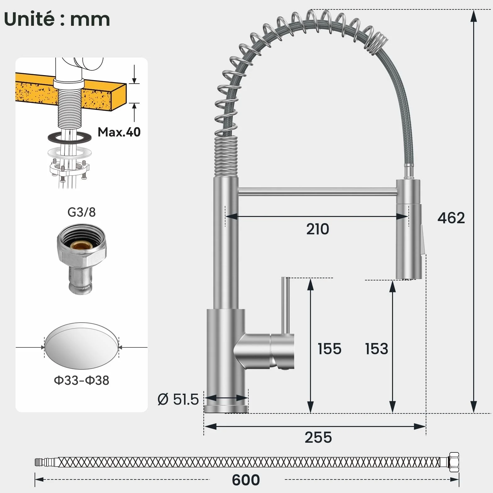 CECIPA Robinet Cuisine Mitigeur Avec Douchette Extractible, Acier Inoxydable Brossé, Arc Élevé Rotatif 360°
