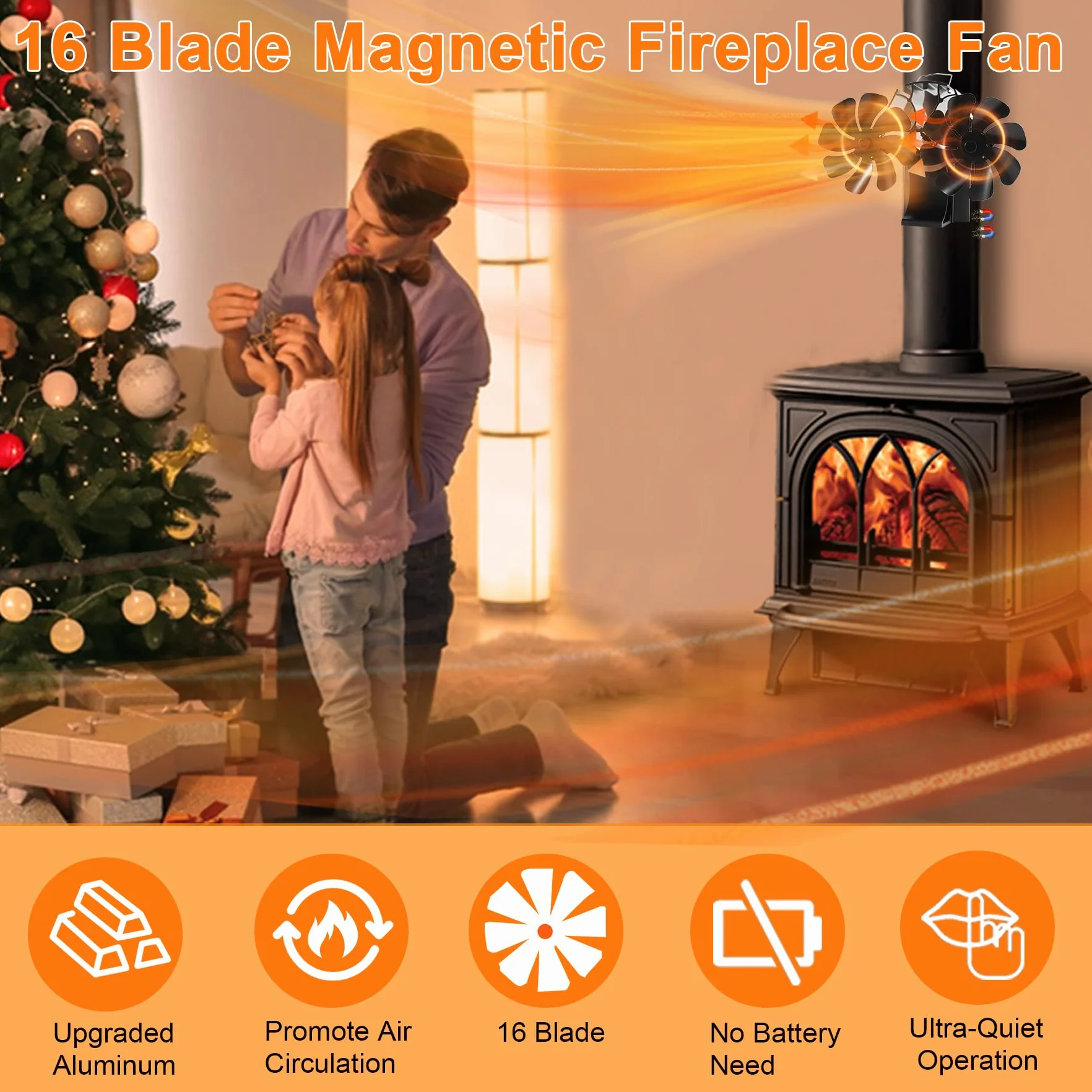 Ventilateur de cheminée magnétique 3 en 1 sans électricité avec thermomètre pour bois foyer tuyau de poêle