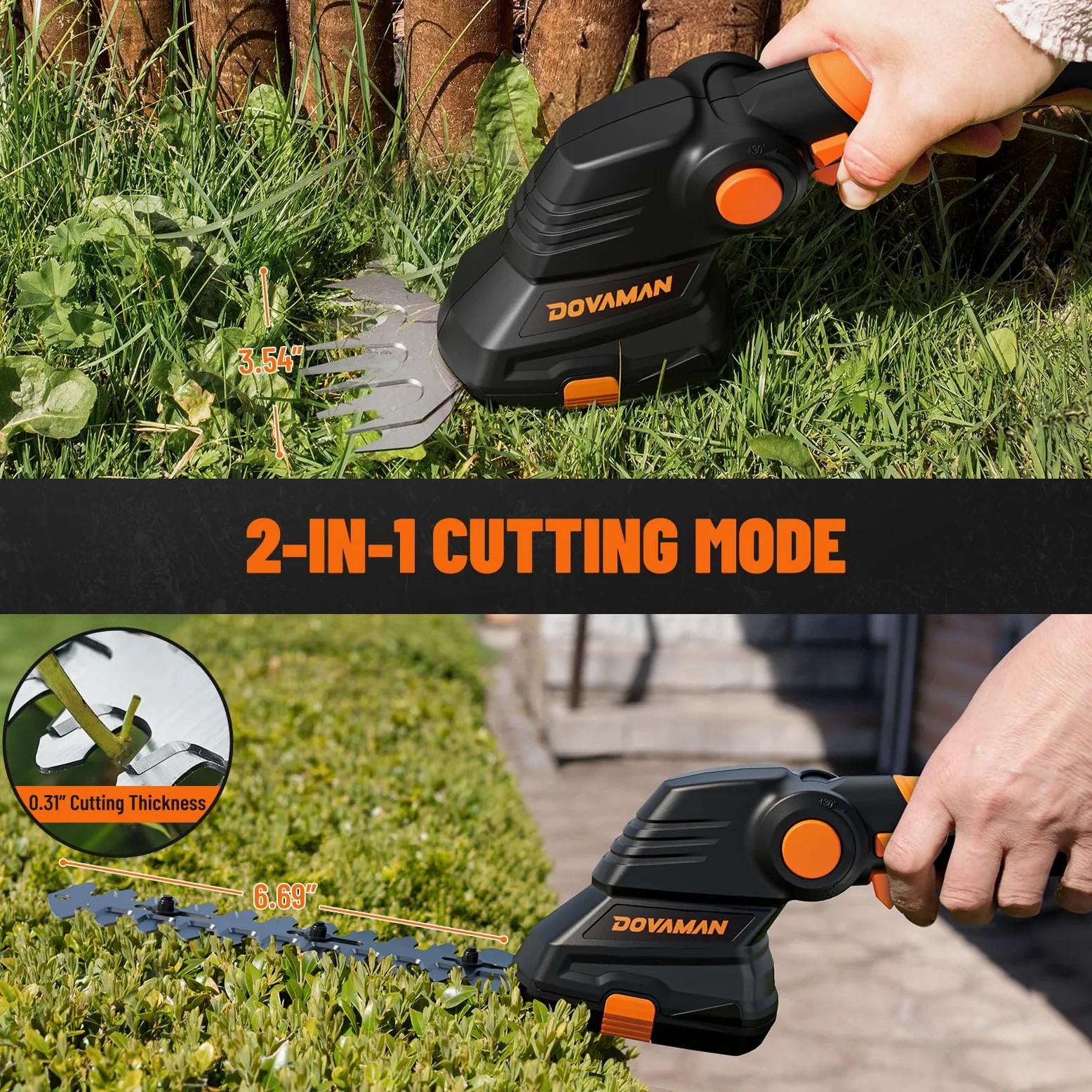 DOVMAN GS03C 3 en 1 Cisaille Électrique, Ensemble de Poignée Télescopique, Charge Rapide de 80 Min, Poignée Réglable en Angle, Cisaille à Gazon sans Fil Portable 7,2V Idéale pour Couper l'herbe