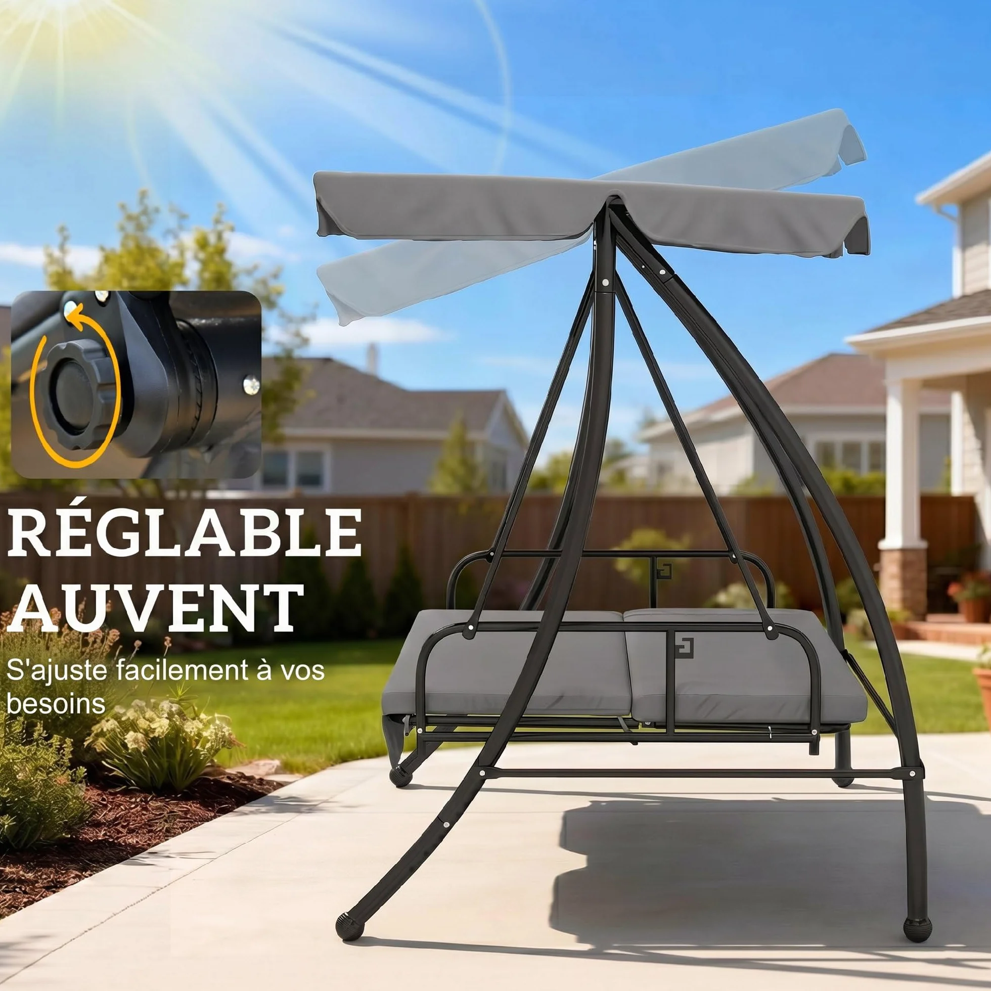 Outsunny Balancelle de Jardin 3 Places Convertible Toit réglable Matelas fourni métal Polyester Noir Gris Clair