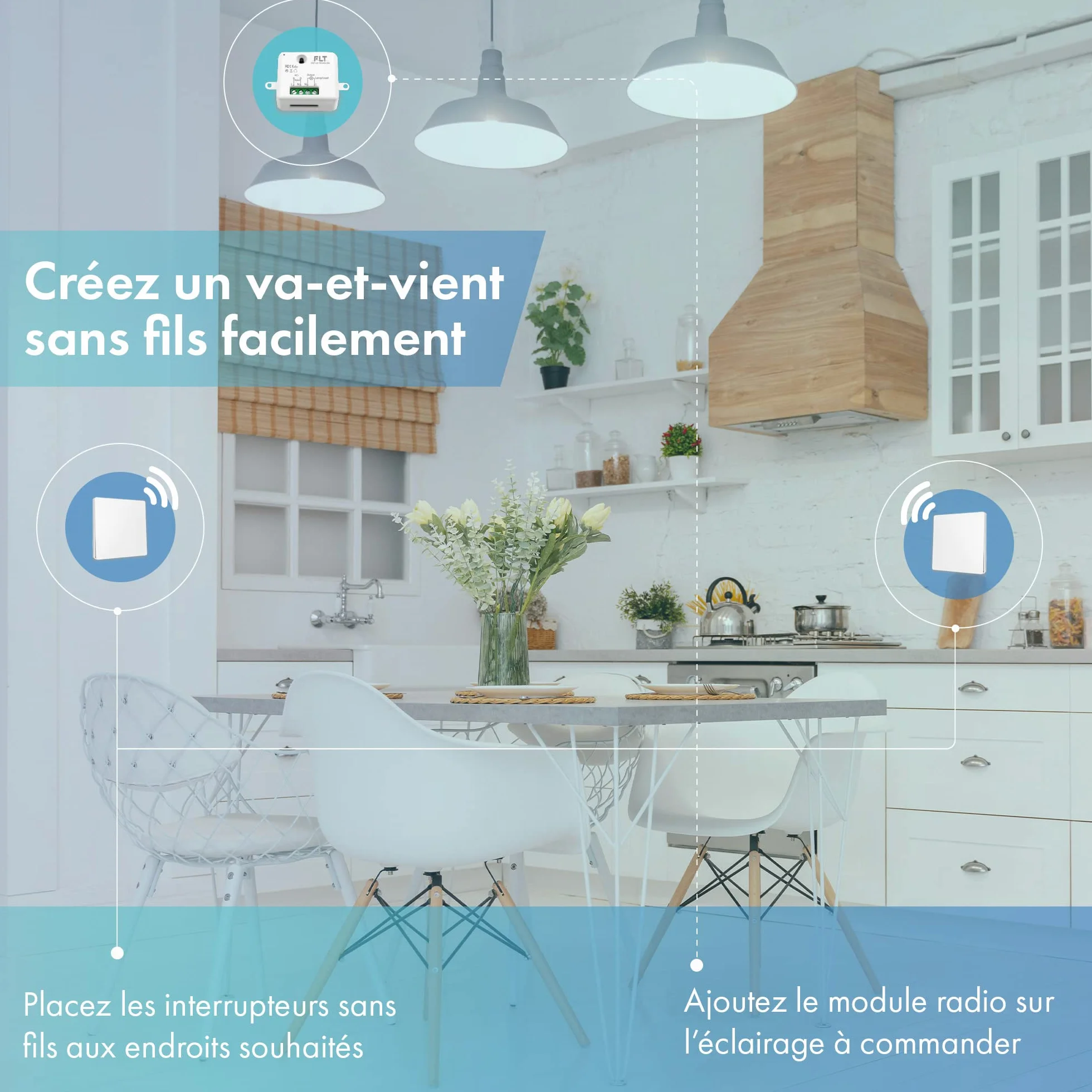 Interrupteur sans fil auto-alimenté RF 2 télécommandes double allumage + relais radio encastrable IP64
