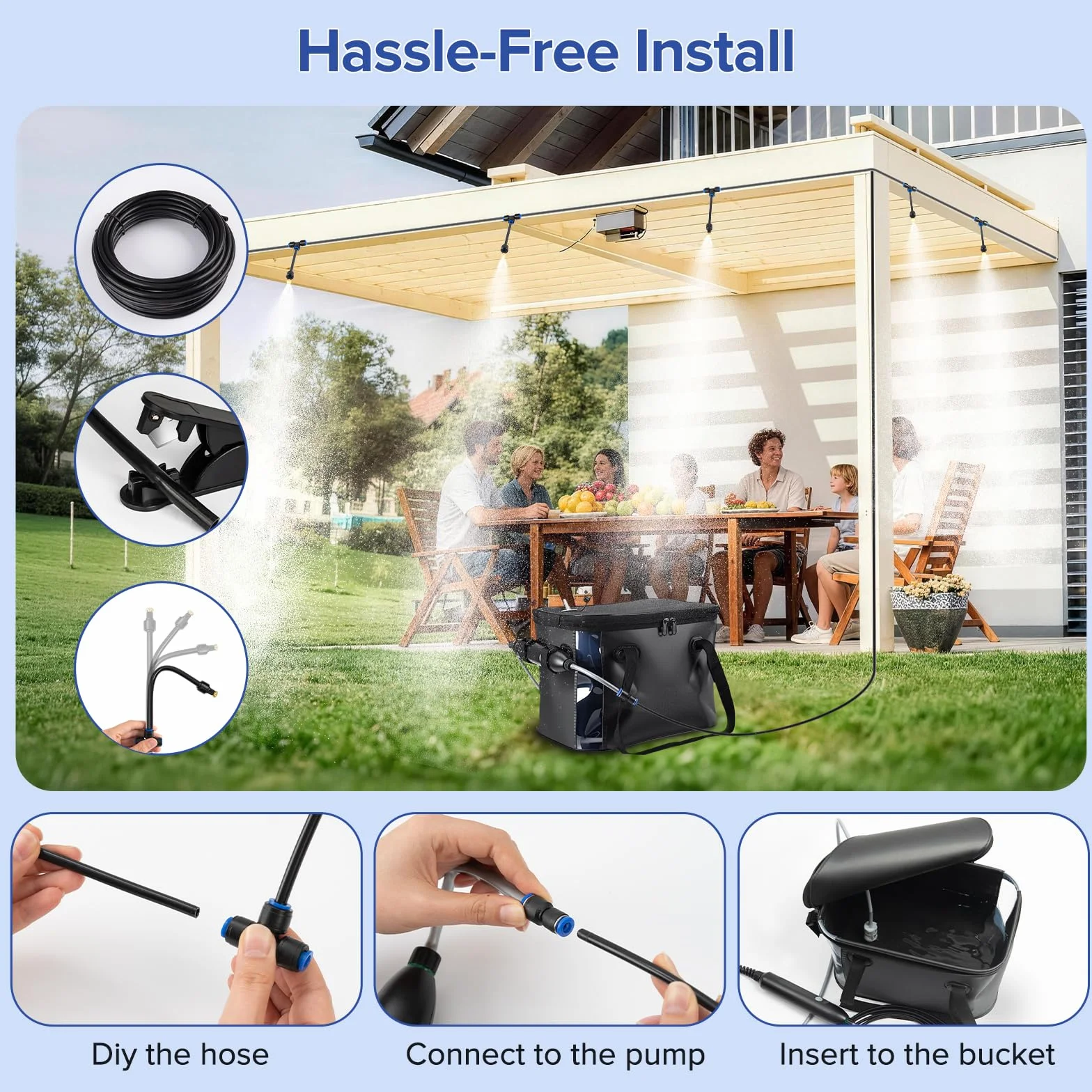 Brumisateur portable 7,9 m terrasse extérieure – Système brumisation avec pompe 4500 mAh, seau 20 L, 8 buses
