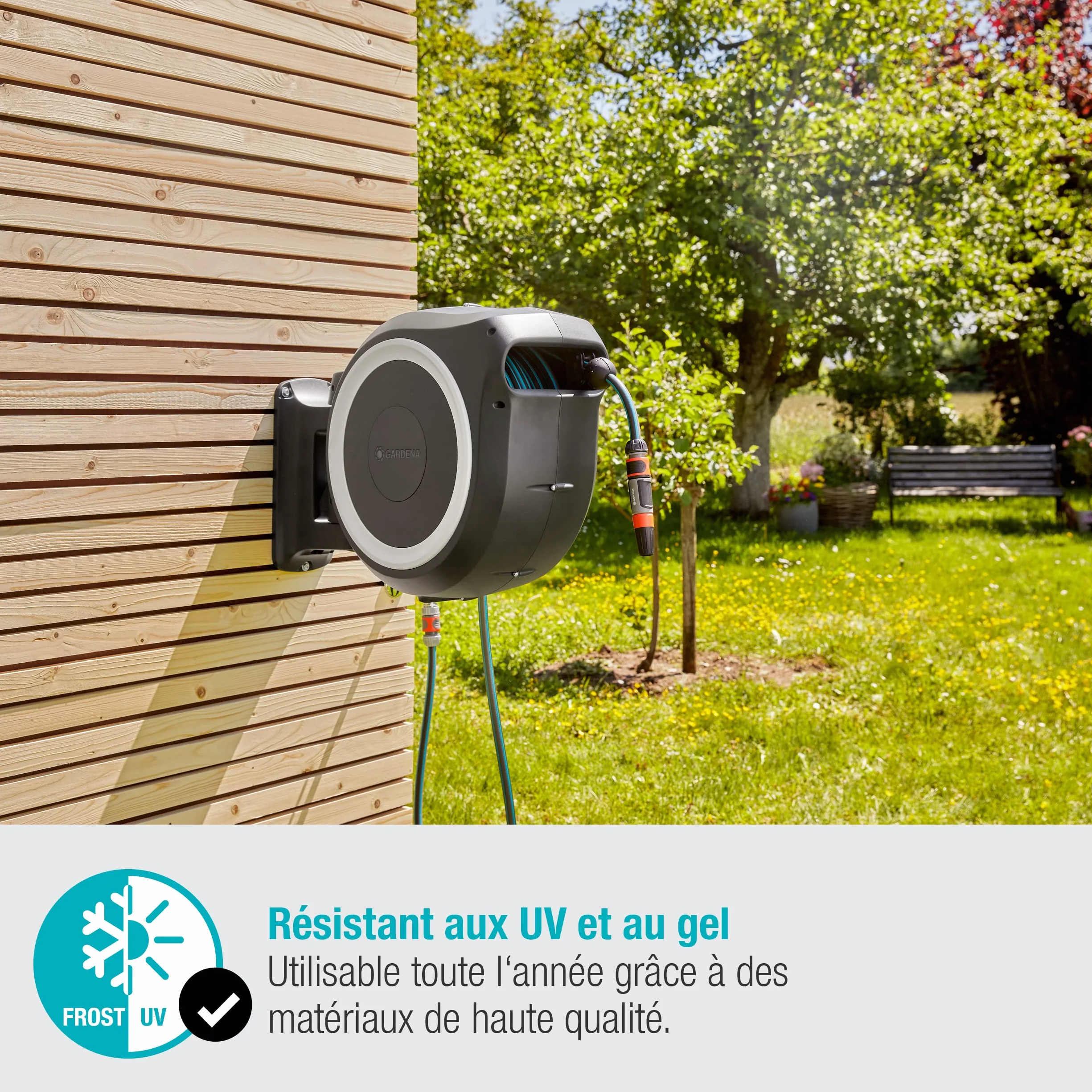 Gardena Enrouleur de Tuyau Mural Rollup L 30m Ø13mm Dévidoir pivotant 180° Kit Complet Lance Raccord Tuyau Support Mural Inclus