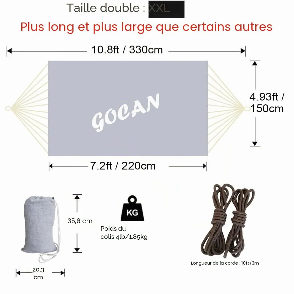Hamac 2 Places 220x150cm 250kg Jardin Gris