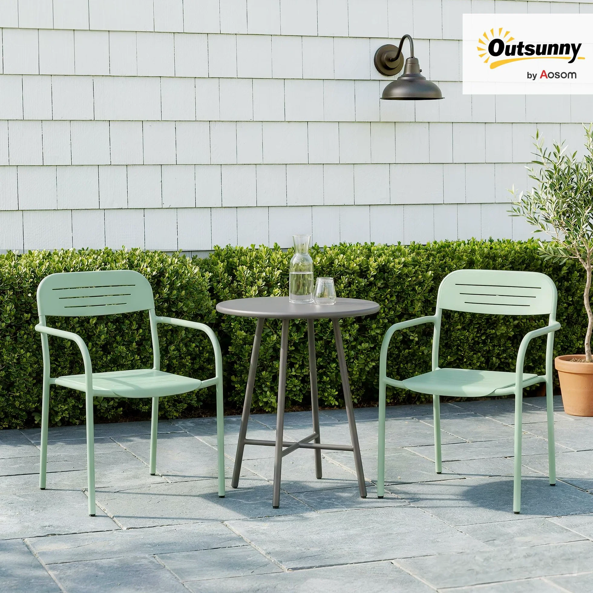 Outsunny Lot de 2 Chaises de Jardin Métal Antirouille - Fauteuil Salon Extérieur Empilable Résistant aux Intempéries avec Accoudoirs - Meuble pour Aménagement Balcon Terrasse et Bistro, Vert